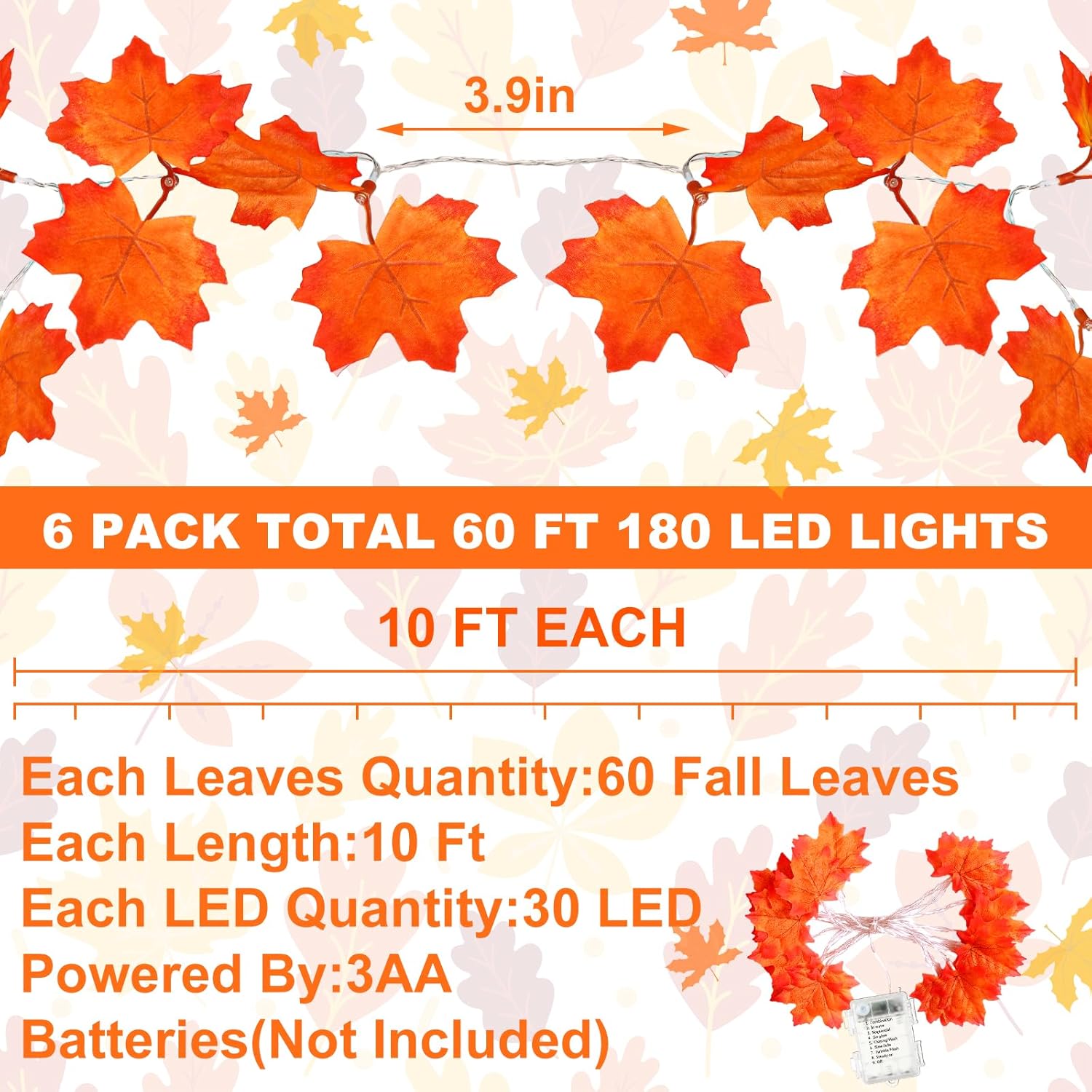 Decoraciones de Halloween, decoración de otoño, tira de luces de hoja de arce con temporizador y control remoto, 20 pies, 60 LED, funciona con