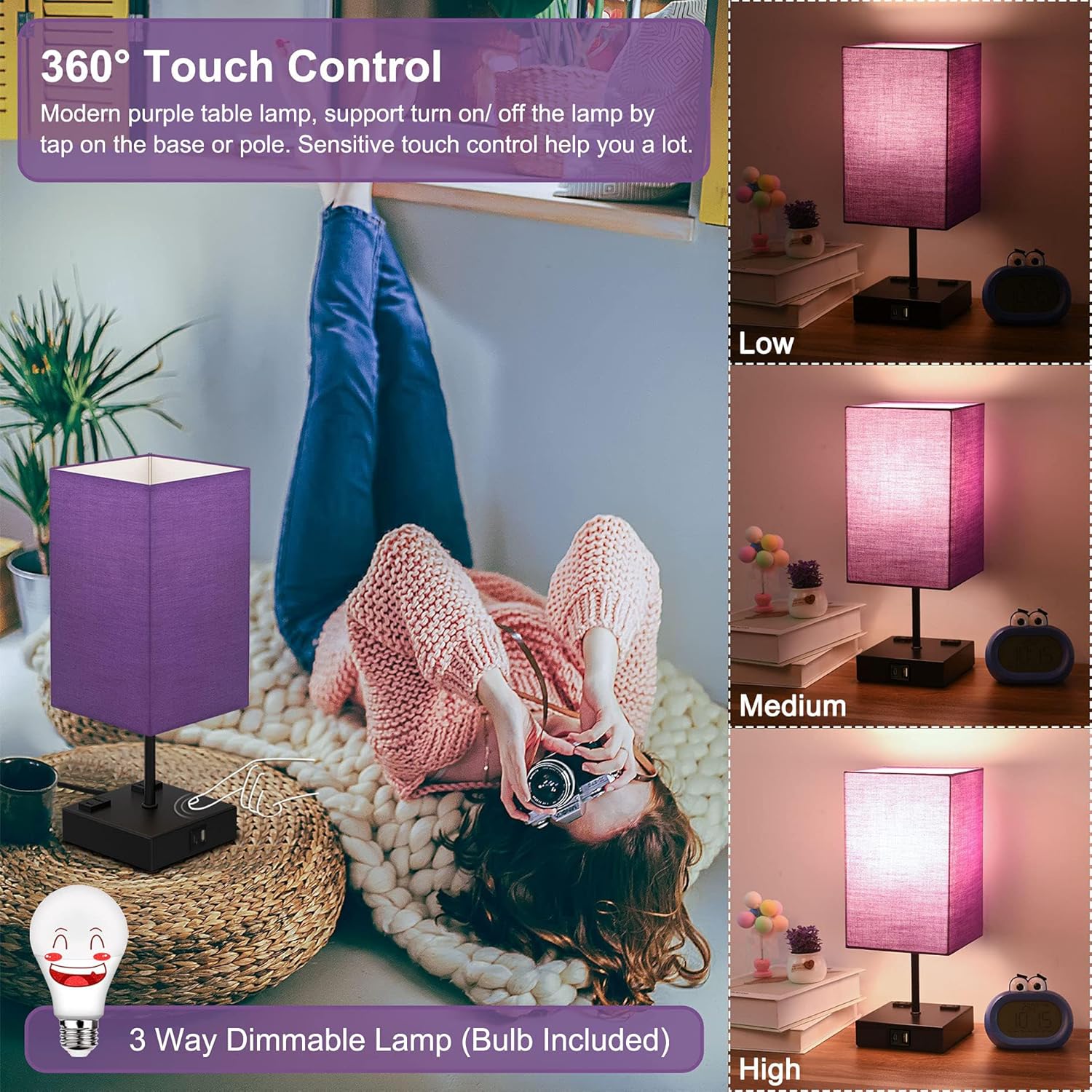 Sailstar Lámparas de noche mejoradas con puertos de carga USB C+A y 2 salidas de CA, lámpara de mesa púrpura para dormitorio, lámpara táctil