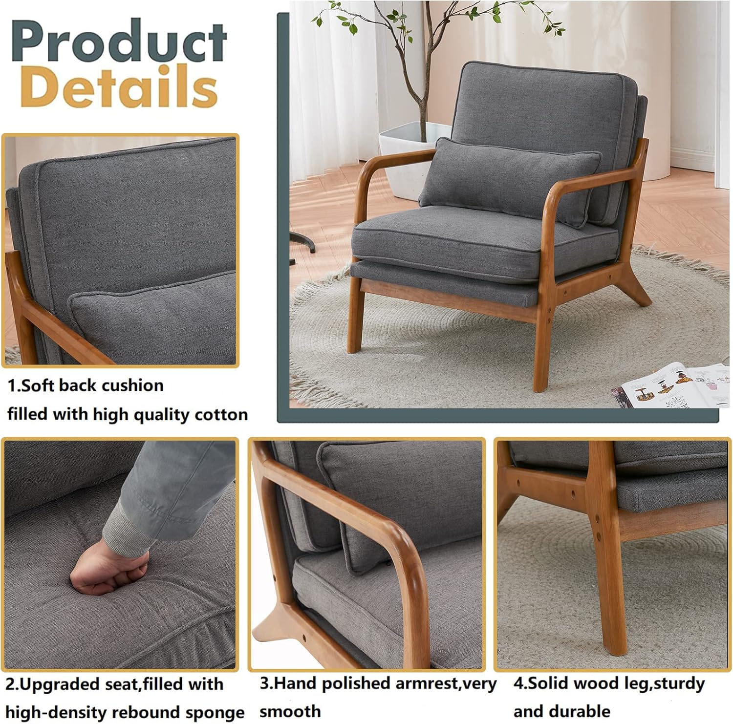 pazezog Silla decorativa para sala de estar, sillón tapizado moderno de mediados de siglo con almohada, sillón de lectura, sillas decorativas