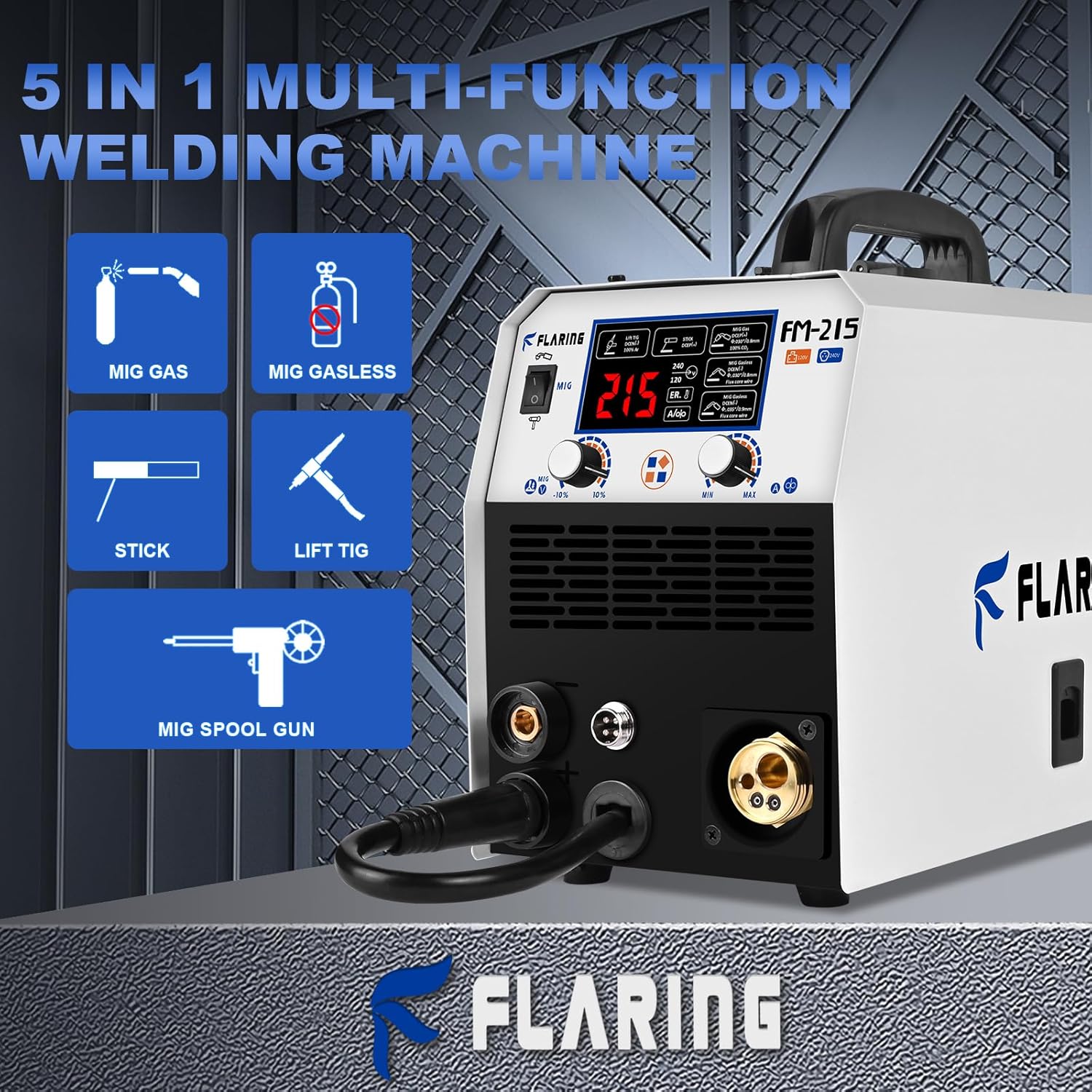 FLARING Soldador MIG, pantalla digital LED de 215 amperios, sinérgica MIG 120 V240 V Voltaje dual, 6 en 1 Gas MIGflujo sin gas núcleo MIGStickLift