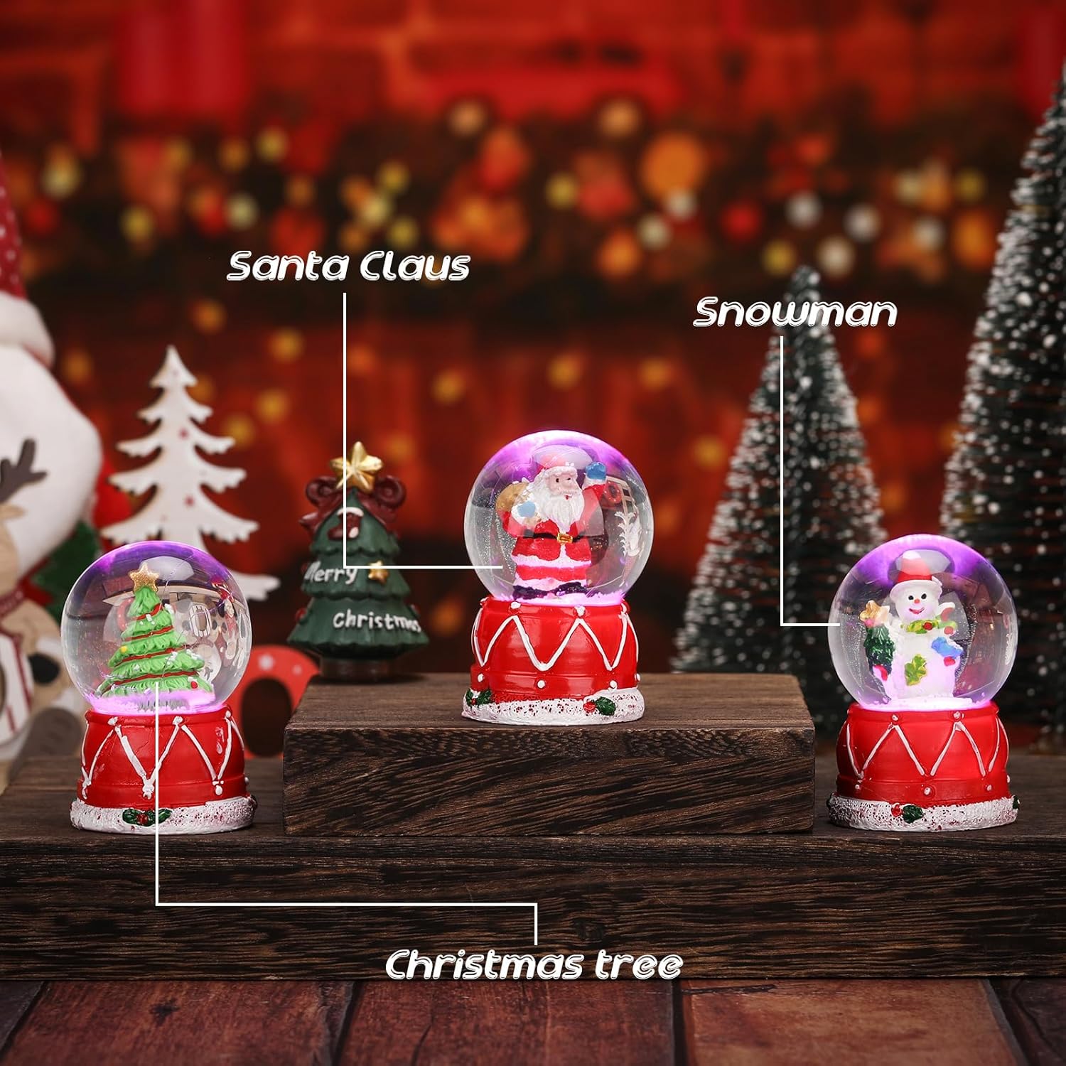 Hiboom 3 globos de nieve pequeños de Navidad, luces LED, árbol de Navidad de Papá Noel y muñeco de nieve, bolas de cristal ligeras, alimentadas con