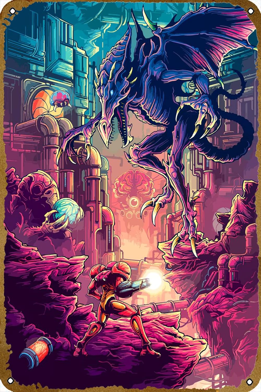 Metroid samus – Póster de metal para videojuegos, decoración de pared, regalo para jugadores, 12 x 8 pulgadas