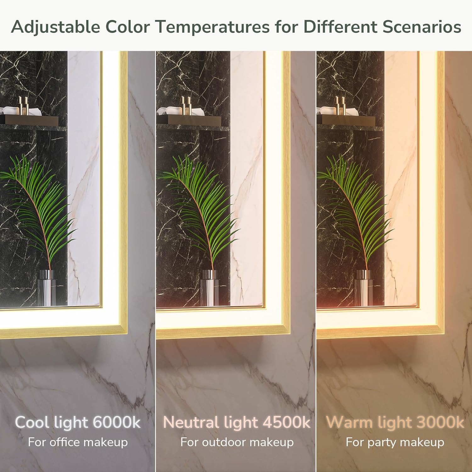 TokeShimi Espejo de tocador de baño LED dorado de 48 x 30 pulgadas para pared con luz biselada en ángulo de 45, 3 colores, antivaho, marco mate de