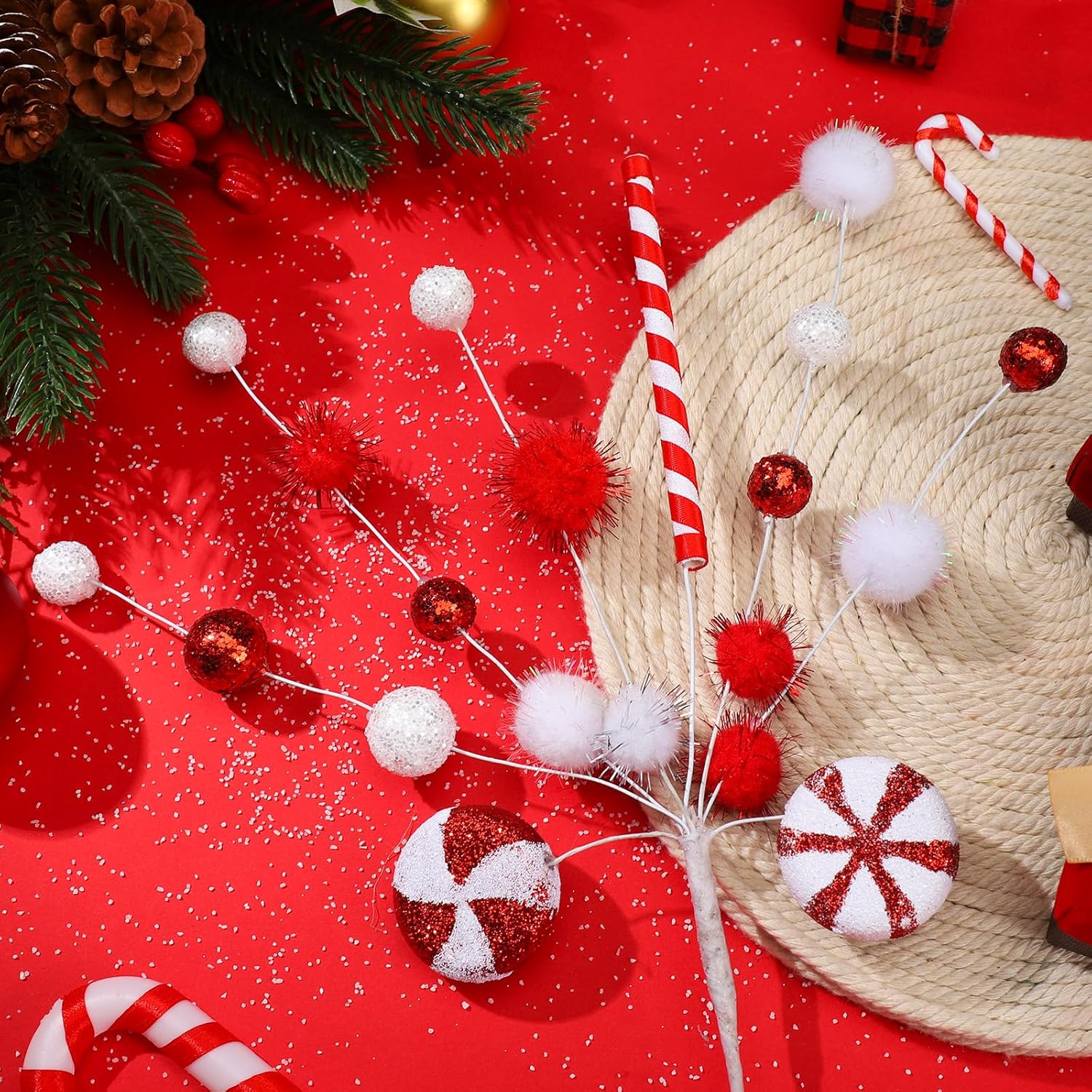 6 piezas de dulces rojos y blancos para decoración de árbol de Navidad, paletas, adornos de Navidad, bolas de caramelo rizado para decoración de