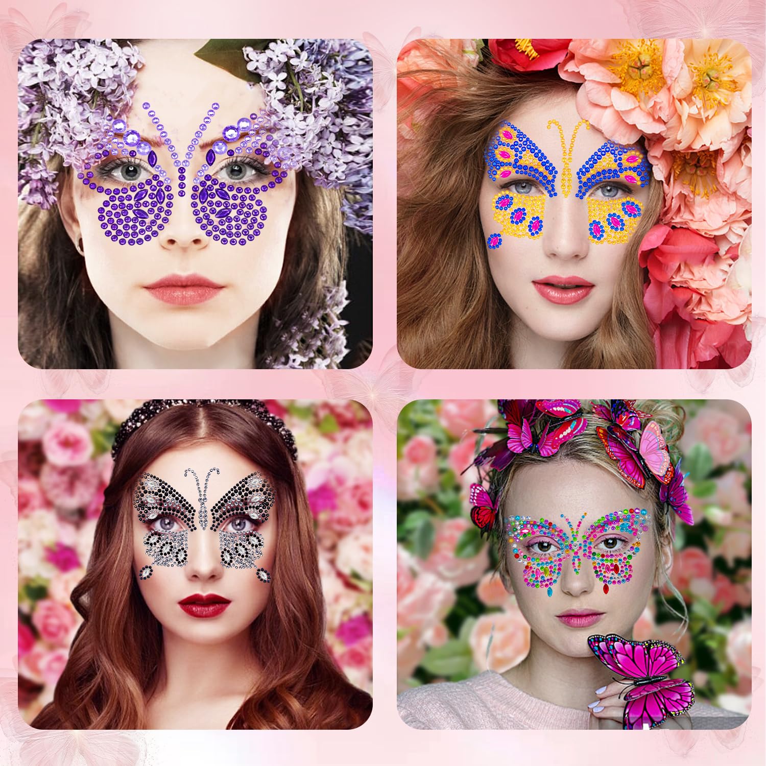 4 hojas de calcomanías para la cara, gemas de mariposa para festivales, fiestas, gemas de diamantes de imitación autoadhesivos, cristales para pegar