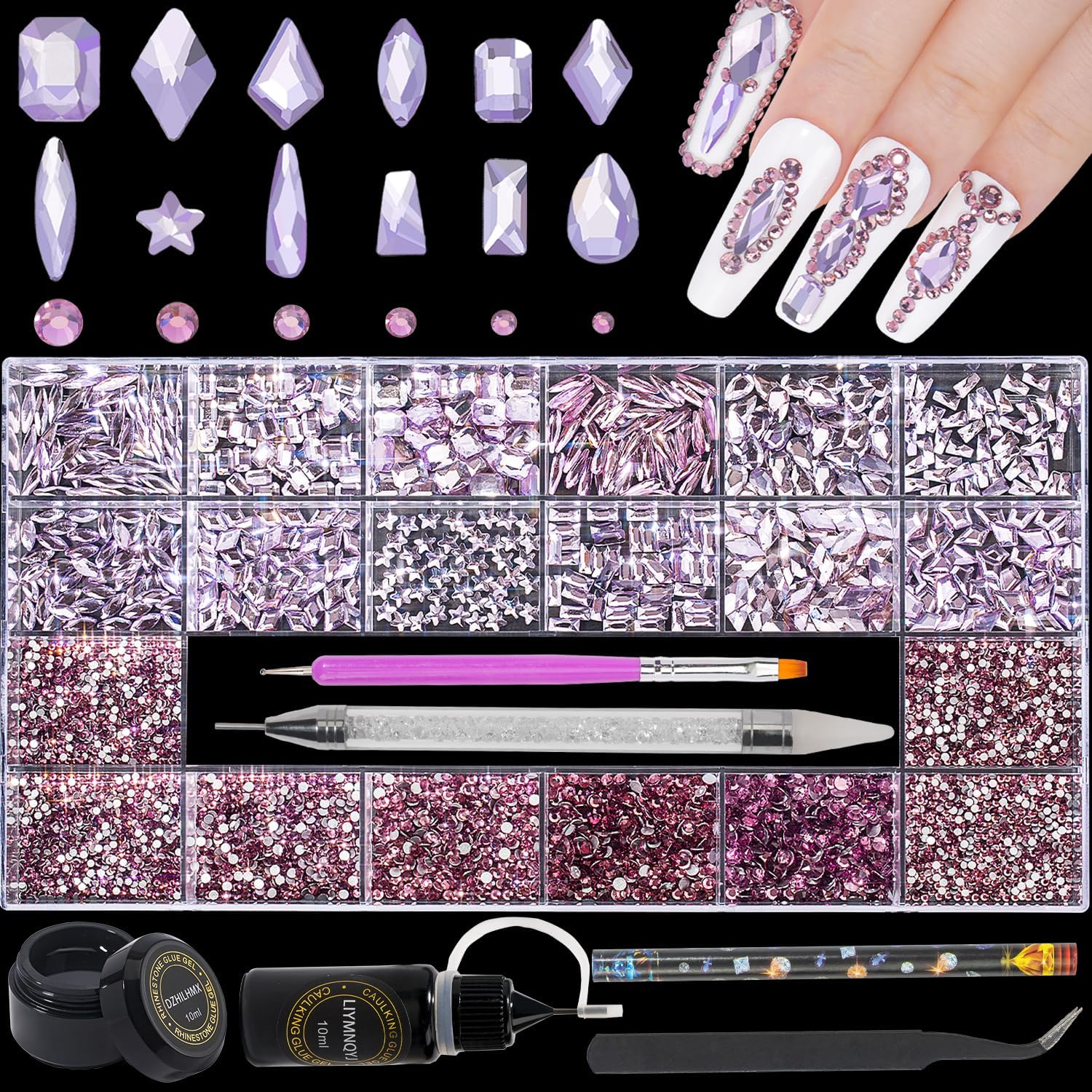 Juego de 4300 diamantes de imitación de cristal para uñas, cuentas de cristal rosa AB multiforma, piedras preciosas de vidrio con parte trasera