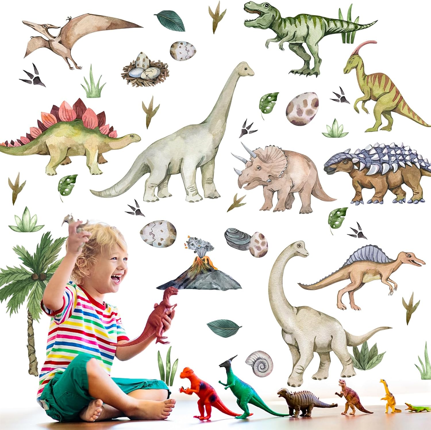 Calcomanías de pared de dinosaurio de acuarela, removibles, grandes, para despegar y pegar, calcomanías de plantas tropicales de cactus decoración
