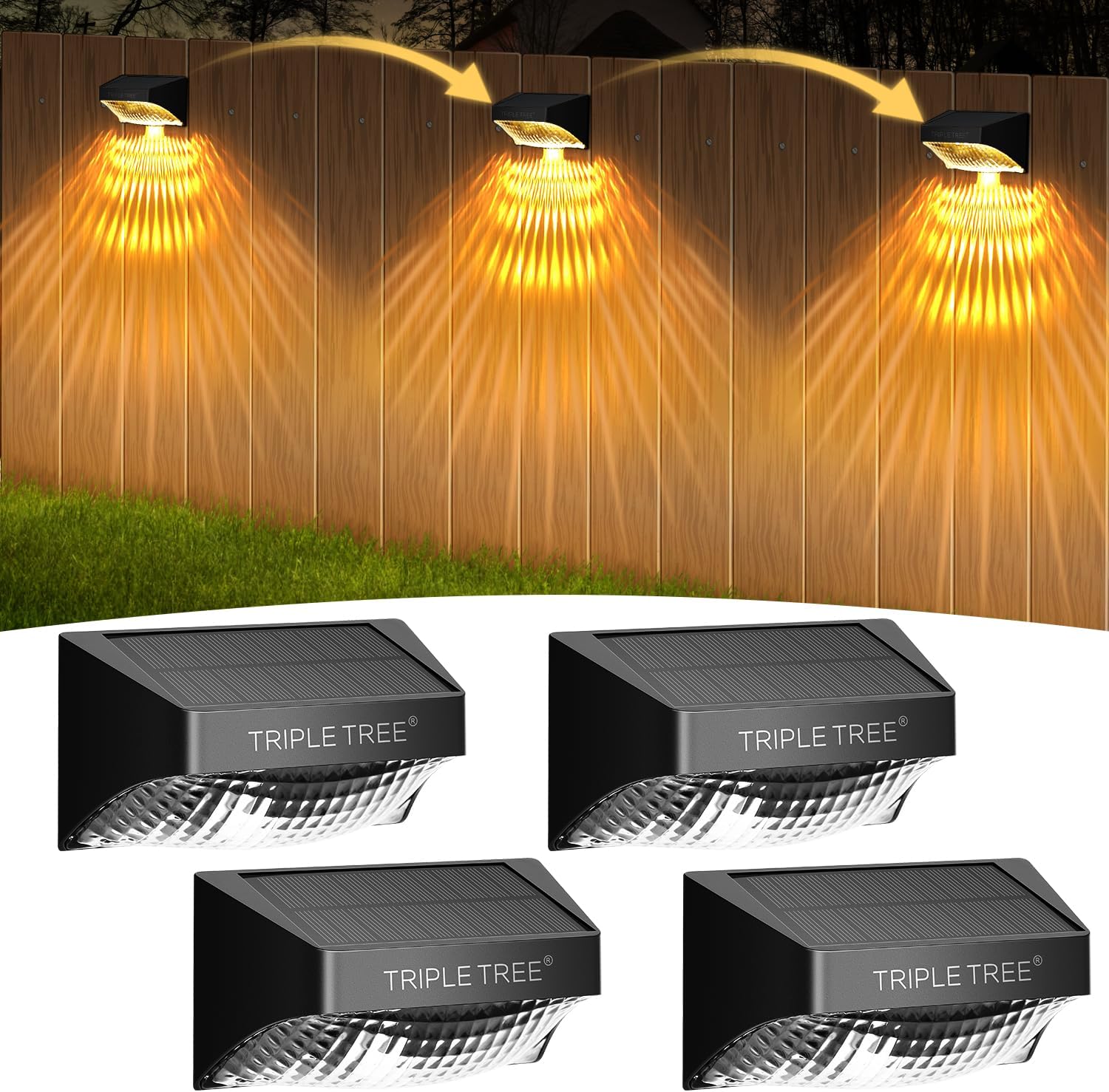 INCLAKE Paquete de 4 luces solares para valla, cambio de color síncrono, luces solares para cubierta con blanco cálido y modo RGB y función de
