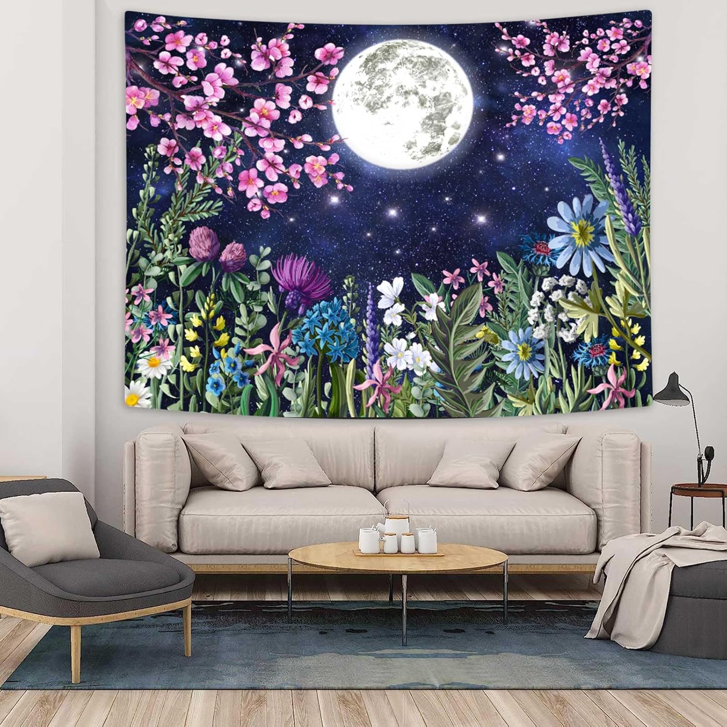 Boziqr Tapiz estético de flores de luna, cielo estrellado, tapiz floral para colgar en la pared para dormitorio, tapiz de paisaje natural,