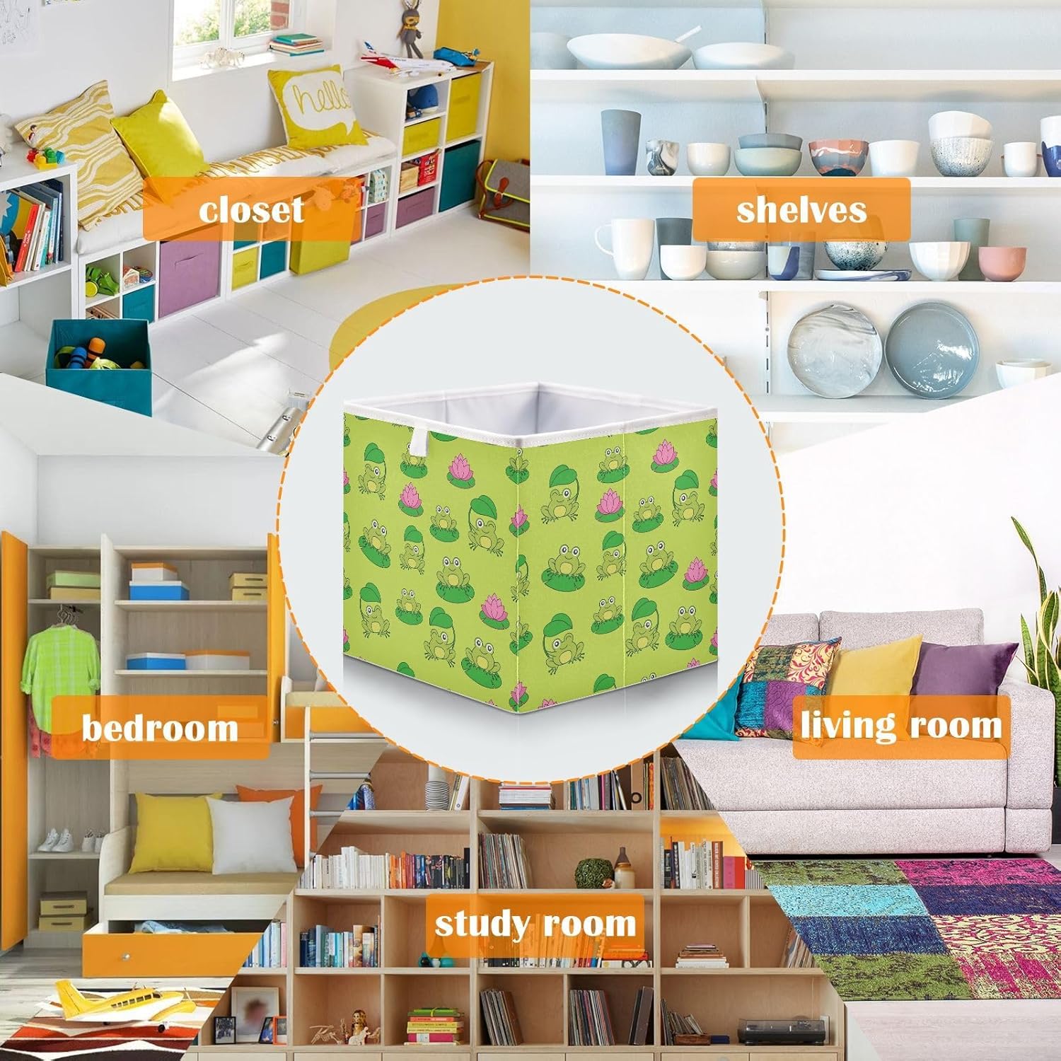Emelivor Lindos cubos de almacenamiento de tela con forma de rana, caja de almacenamiento plegable, organizador de armario, cestas para estantes,