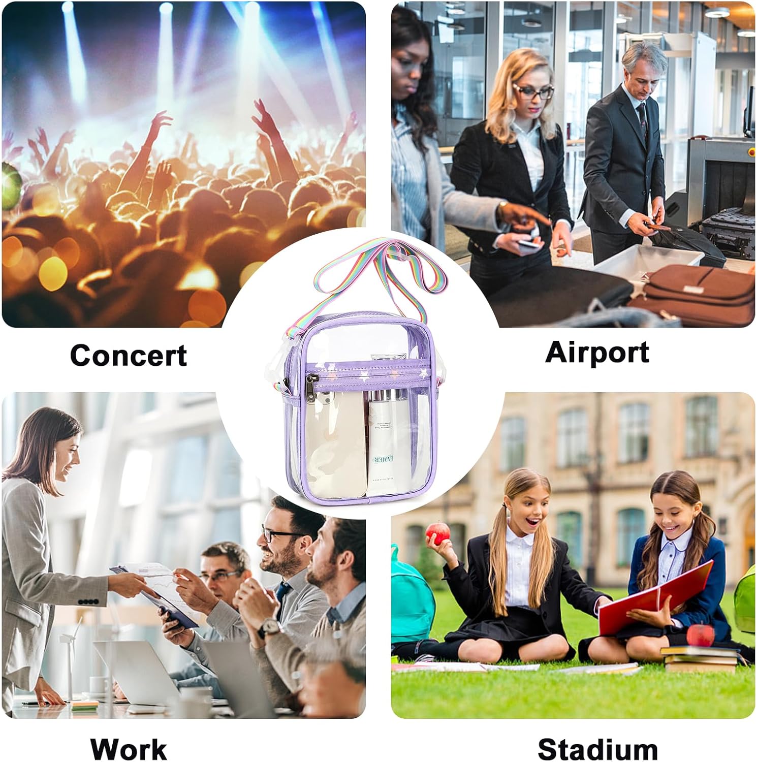 Bolso cruzado transparente aprobado para estadios, correa de hombro ajustable, bolsa transparente para conciertos, eventos deportivos