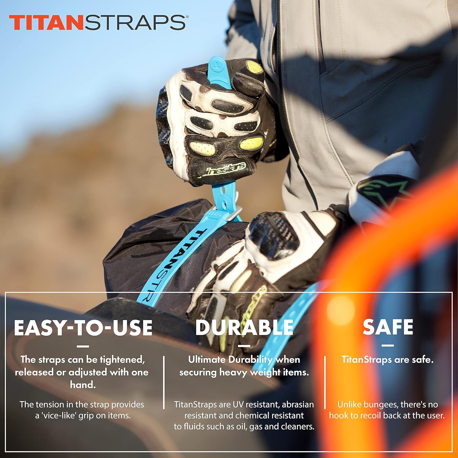 Titan Utility Straps – Correas de tensión fáciles de usar y fiables para asegurar bicicletas y motocicletas, esquís, mangueras de jardín,