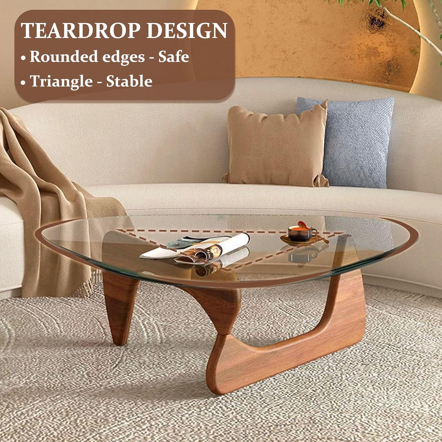 PRITIY Mesa auxiliar triangular con base de madera, parte superior de vidrio transparente, mesa de cristal de mediados de siglo, mesa auxiliar