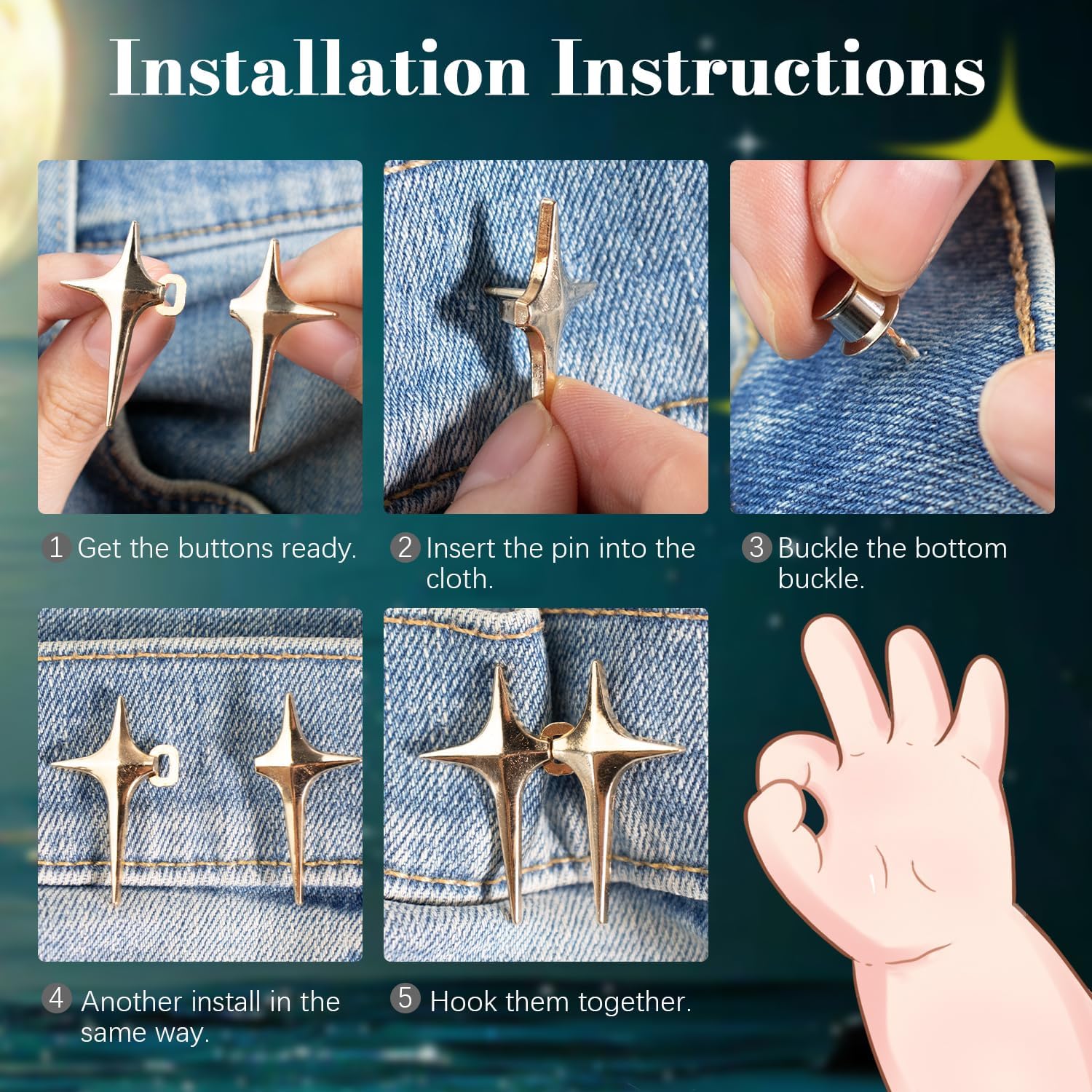 Botón de jeans, 4 juegos de botones de estrella ajustables para jeans, hebillas decorativas desmontables en la cintura, ajuste perfecto, ajuste de