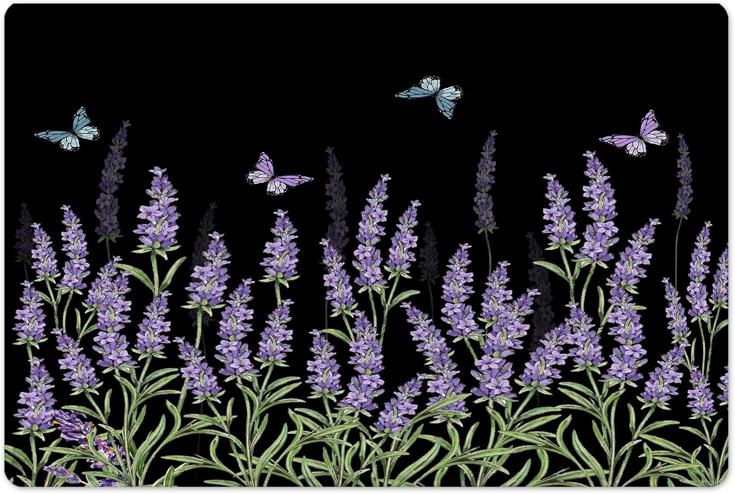 LB Butterfly and Floral Shower Curtain Sets with Rugs Lavender Flower with Green Leaves on Black Fabric Shower Curtain with Hooks Nature Botanical
