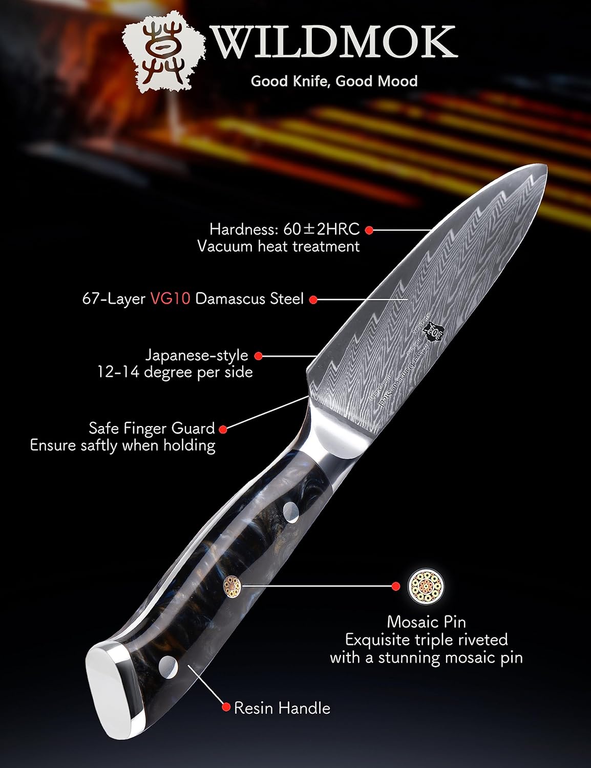 WILDMOK Cuchillo de cocina de 5 pulgadas, Damasco Japón VG-10, cuchillo de cocina de acero afilado, mango ergonómico de resina de color, caja de
