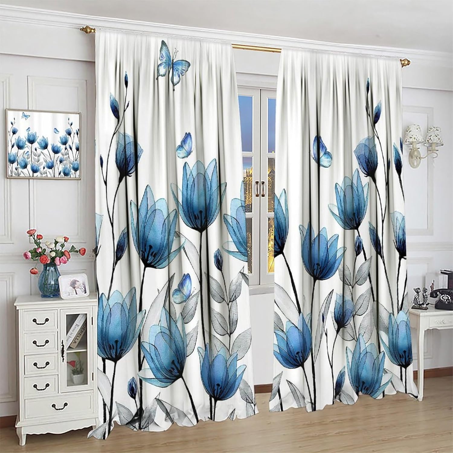 Cortinas de flores azules con tulipanes florales para mujer, plantas botánicas de mariposa, elegantes y pequeñas, para sala de estar, tela de