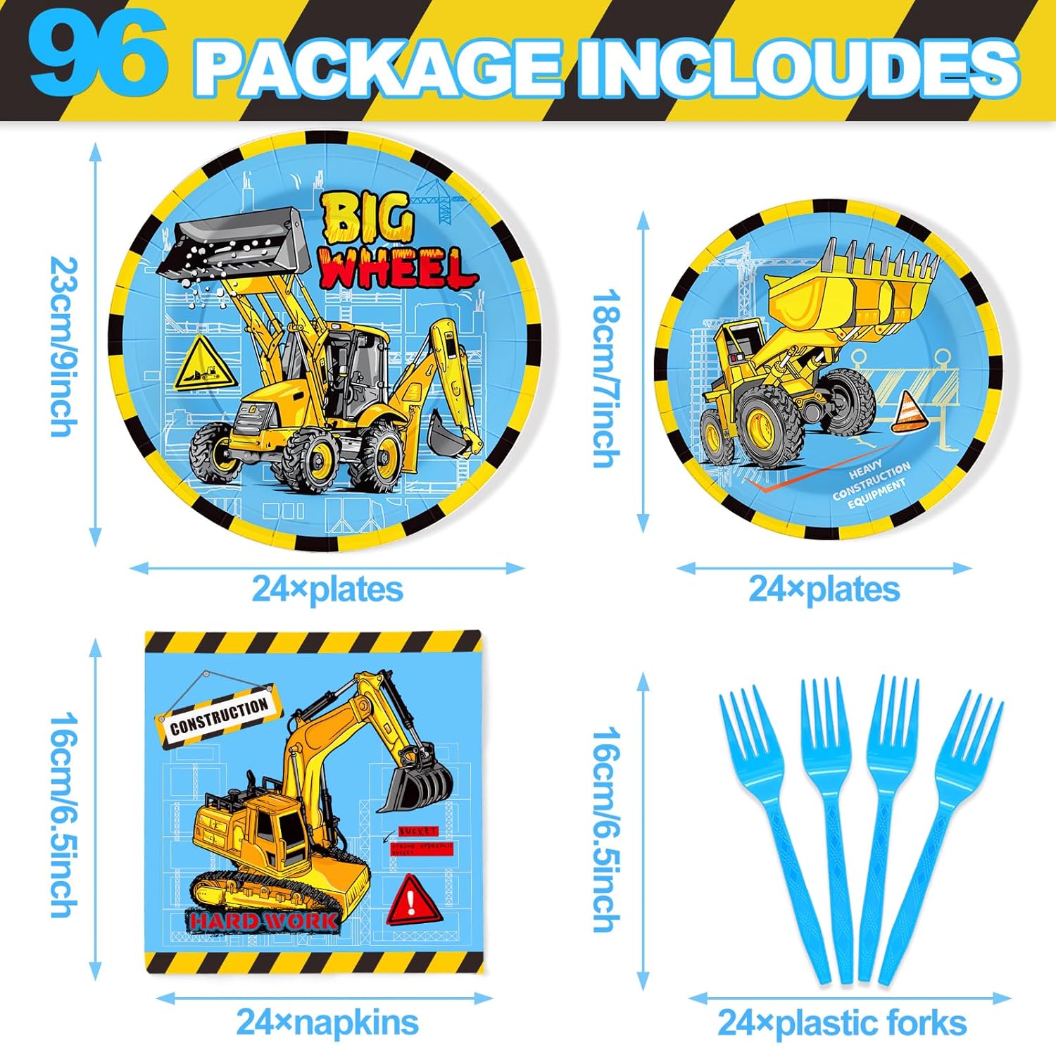 SCIONE 96 piezas de suministros de fiesta de construcción, platos de camión volquete, decoraciones de fiesta de cumpleaños para niños, juego de