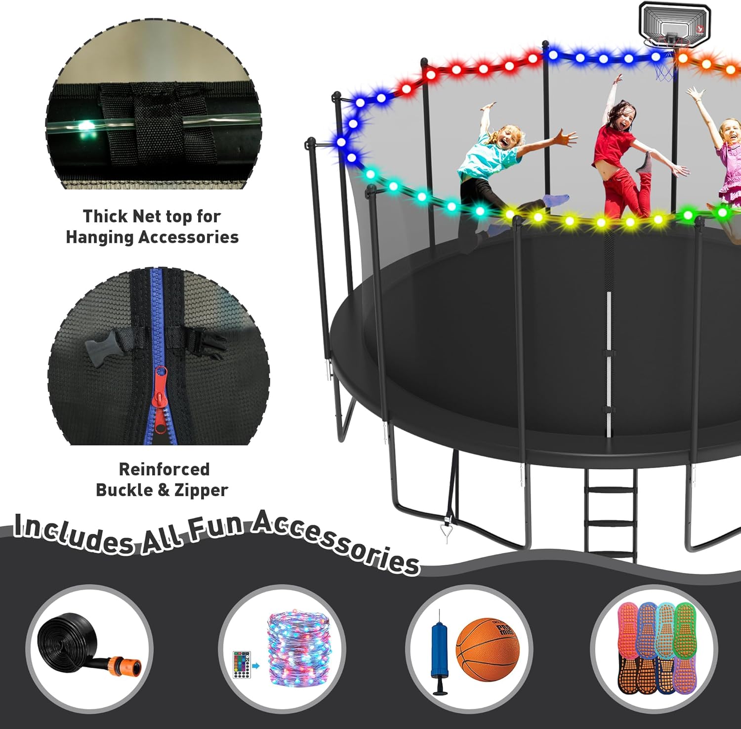 Tranpoline para niños y adultos, 1500 libras, 16 pies, 15 pies, 15 pies, 14 pies, 12 pies, 10 pies, 8 pies, tranpolina con aro de baloncesto, red de