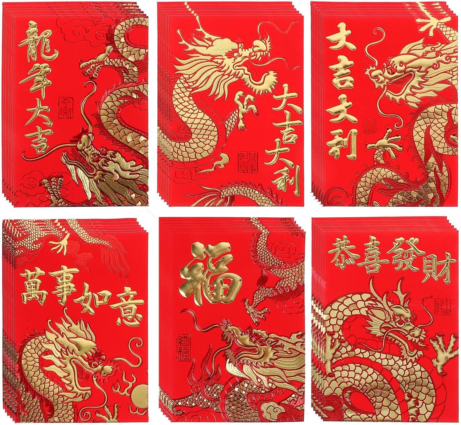 Cabilock 60 sobres rojos 2024 Dragón chino Año Nuevo Dinero Bolsillos Lucky Hong Bao regalo sobres de dinero en efectivo paquetes para Año Nuevo