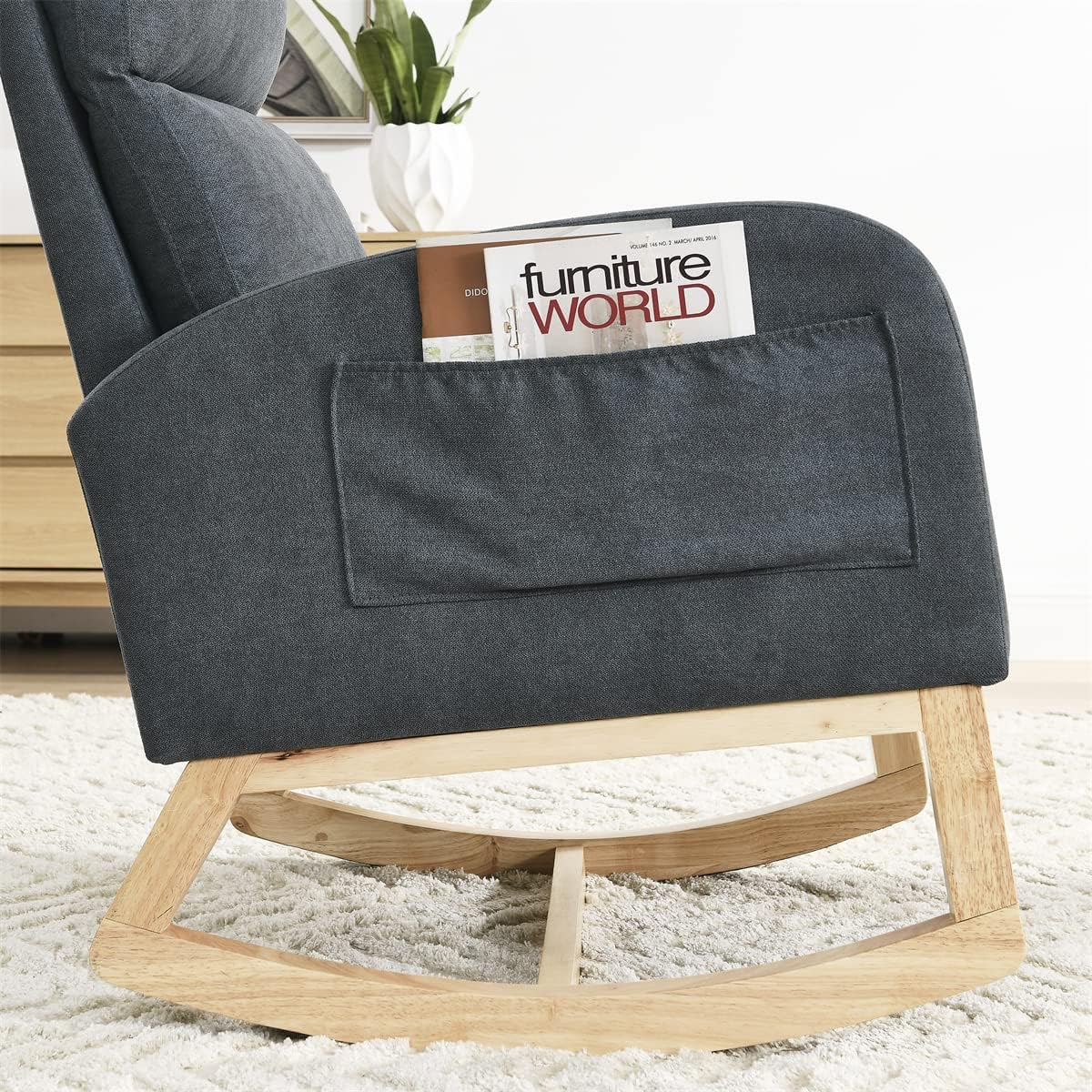 Mecedora de tela, silla de guardería, moderna silla mecedora tapizada con respaldo alto, cómoda mecedora con asiento acolchado y base de madera,