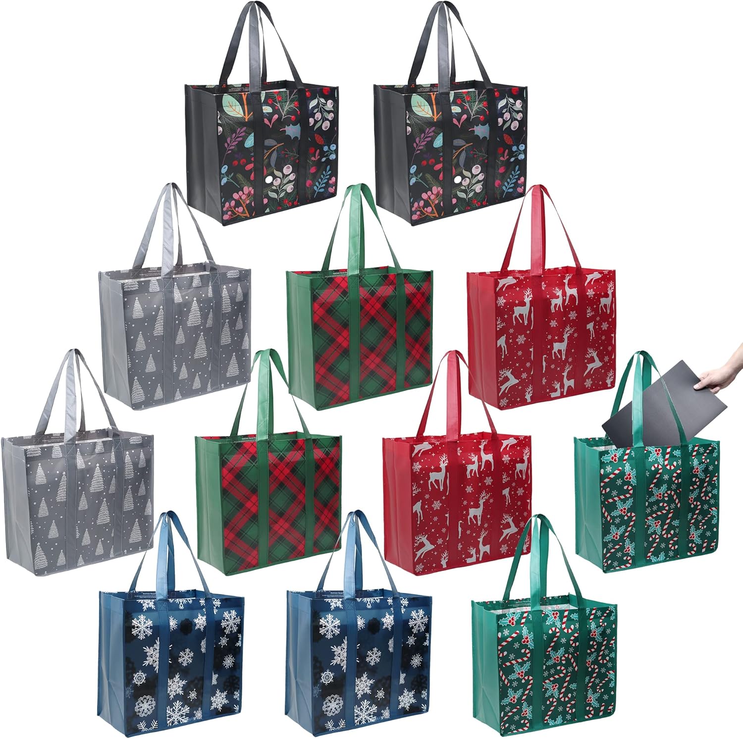 BeeGreen Bolsas reutilizables de Navidad, paquete de 12 con asas reforzadas y parte inferior extraíble, plegable, extra grande, a granel para