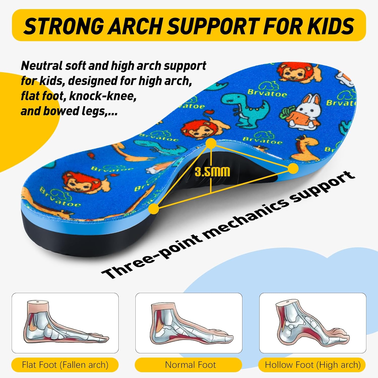Brvatoe Plantillas ortopédicas para zapatos con soporte de arco para niños, insertos para pies planos, fascitis plantar, almohadillas atléticas,