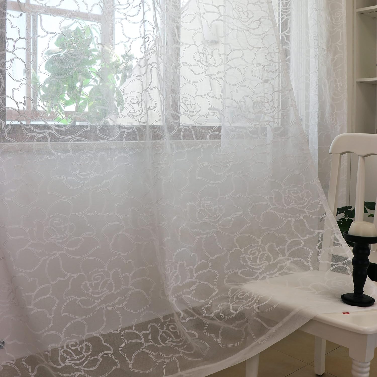 SLOW SOUL Juego de 2 paneles de cortinas traslúcidas con rosas blancas, de lino sintético, semitransparentes, con bordado floral, cortinas para