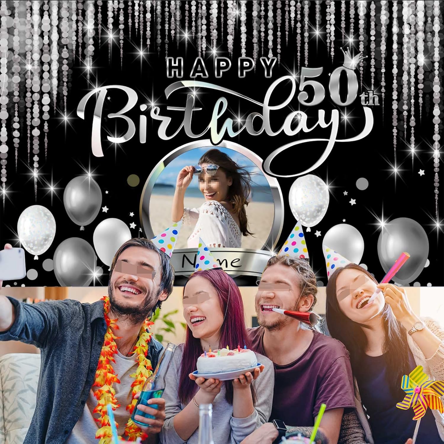 Cartel de decoración de feliz cumpleaños 50 personalizado – Personalización disponible – Negro y plateado – Tamaño grande – Admite fotos y nombres