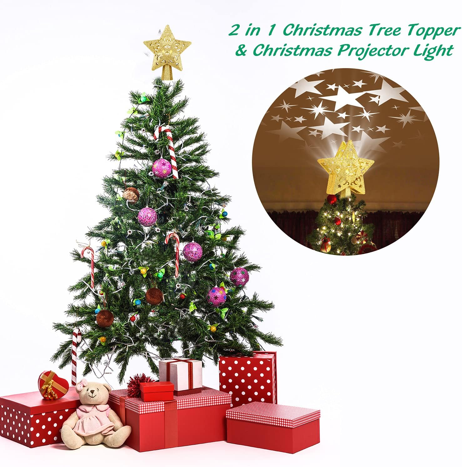 Decoración para árbol de Navidad, estrella iluminada con luz LED giratoria de estrella, estrella dorada con purpurina 3D, luces de proyector de