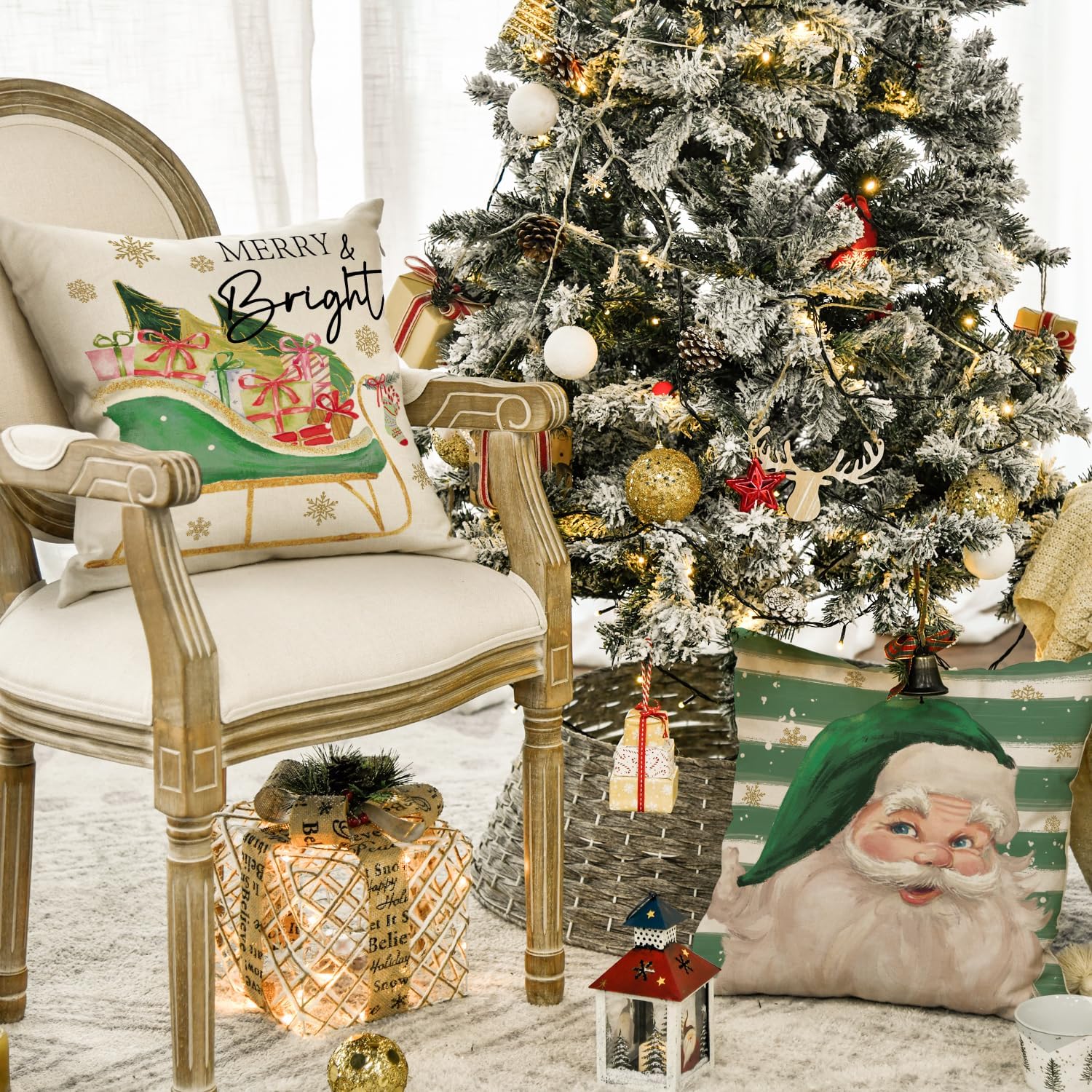 AVOIN colorlife Juego de 4 fundas de almohada con diseño de árbol de Navidad de Papá Noel, 16 x 16 pulgadas, decoración de invierno para sofá,