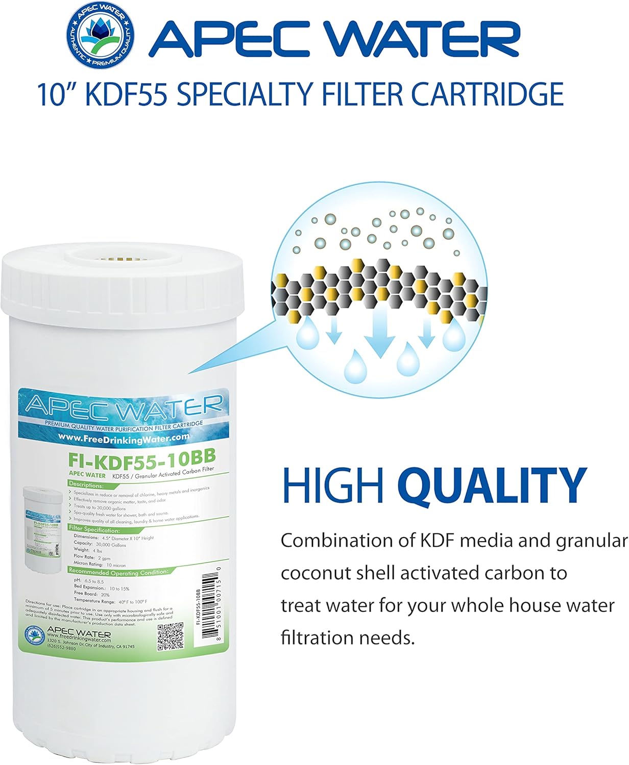 APEC Water Systems FI-KDF55-10BB – Filtro de agua de repuesto para reducción de metales pesados, 4.5 x 10 pulgadas, color blanco