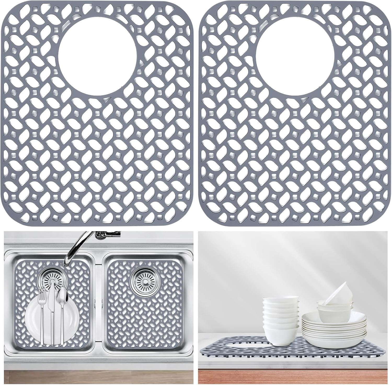 Juego de 2 protectores de silicona para fregadero de cocina de acero inoxidable, antideslizantes, resistentes a los arañazos (drenaje trasero, gris,