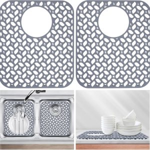 Juego de 2 protectores de silicona para fregadero de cocina de acero inoxidable, antideslizantes, resistentes a los arañazos (drenaje trasero, gris, Juego de 2 protectores de silicona para fregadero de cocina de acero inoxidable, antideslizantes, resistentes a los arañazos (drenaje trasero, gris,