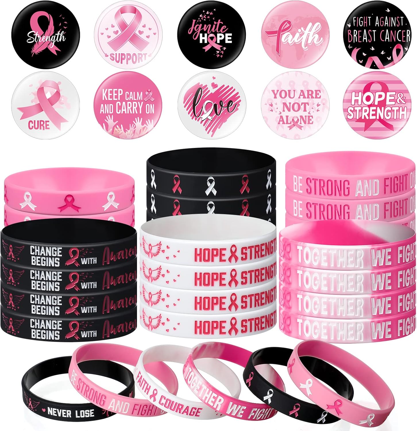60 accesorios de concientización sobre el cáncer de mama, incluyen 30 pulseras de silicona de cinta rosa y negra, pulsera de goma y 30 insignias de