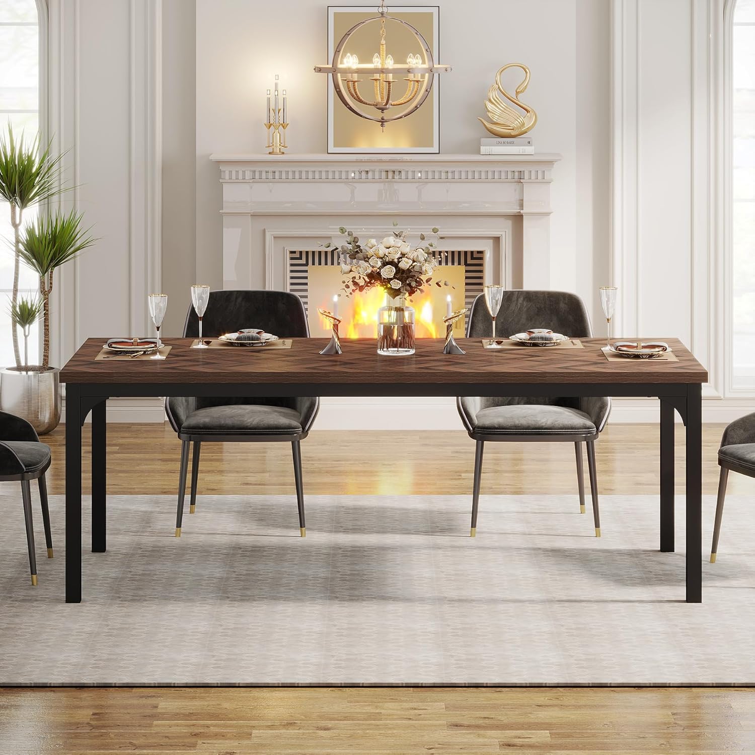 Tribesigns Mesa de comedor de granja para 6-8, 70.9 pulgadas, mesa de cocina rectangular de madera con patas de metal resistentes, mesa de comedor