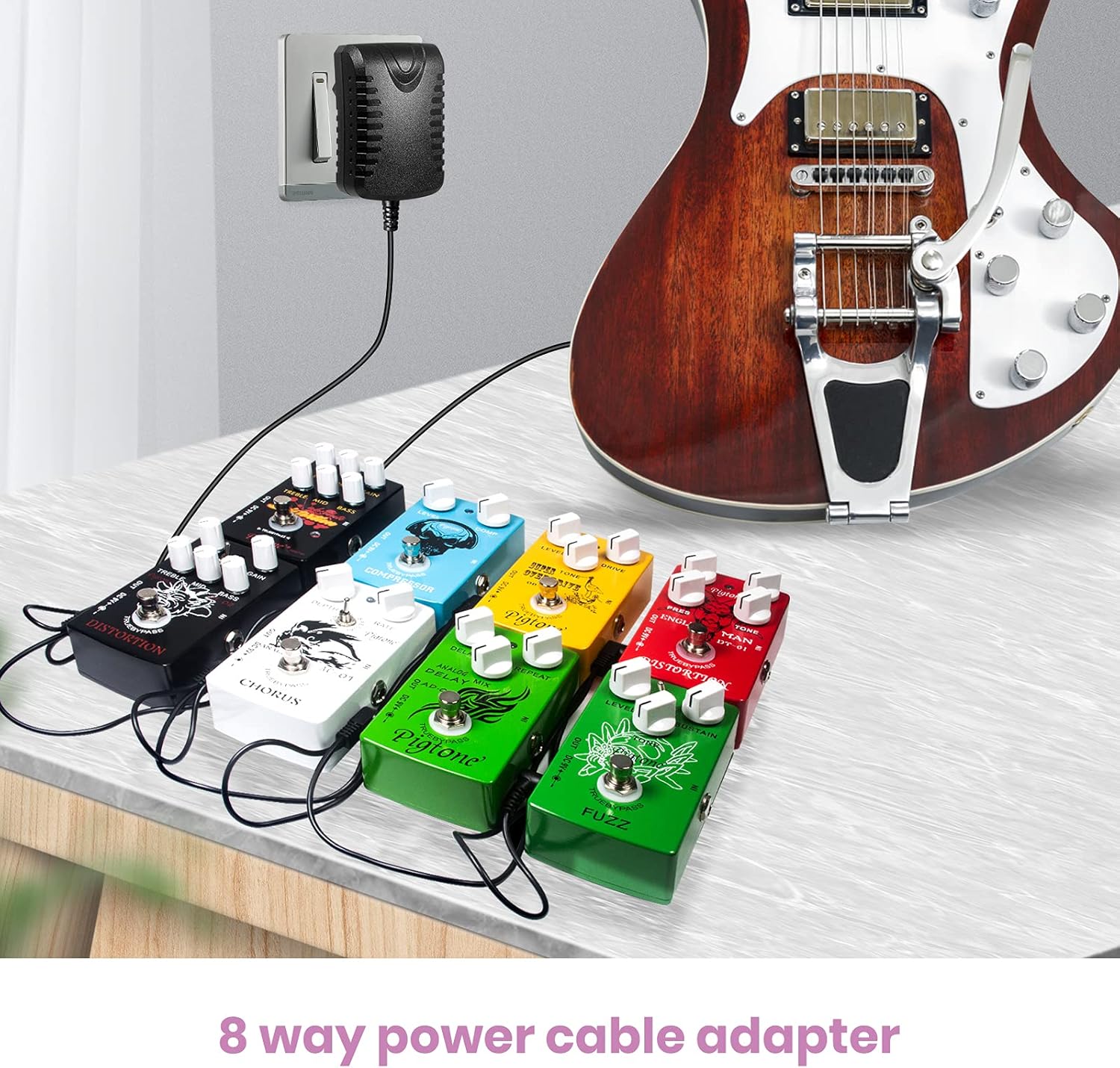 Fuente de alimentación de guitarra, adaptador de cargador de pared de CA 9 V CC 1A 1000 mA Punta Negativa 8 Way Daisy Chain Pedal Cables para la