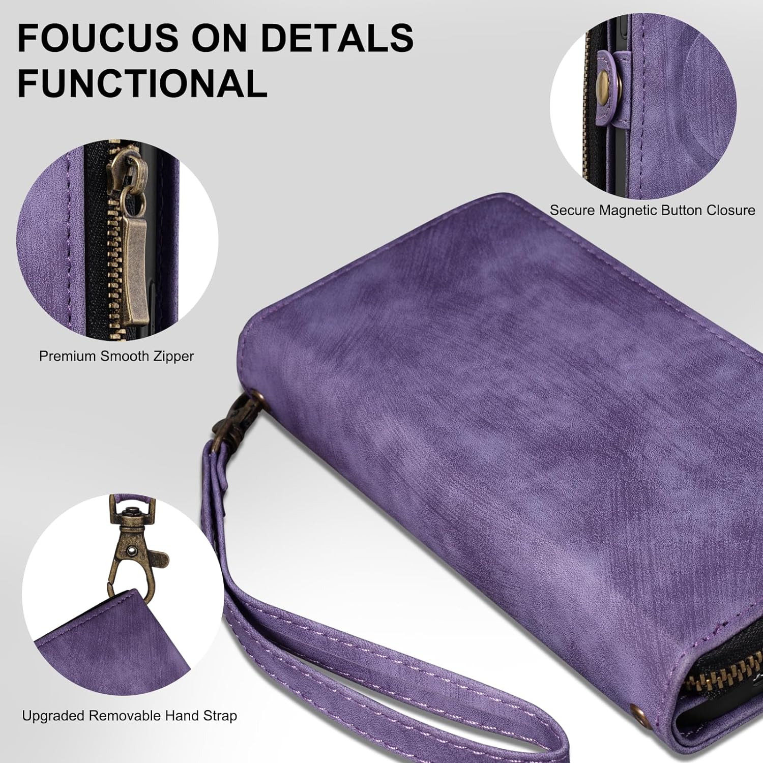 Rssviss Funda tipo cartera para iPhone 15 Pro Max Crossbody con correa para la muñeca, funda con cremallera abatible compatible con Magsafe, funda
