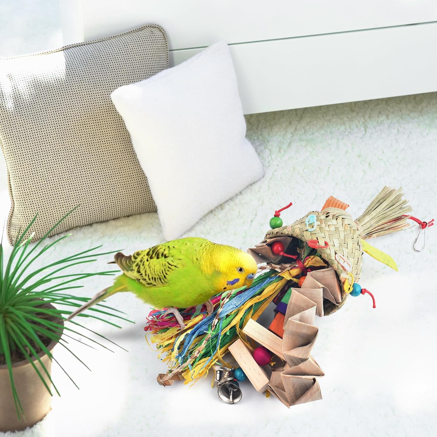 Bissap Juguetes para masticar pájaros, periquito tejido natural palmera frágil, juguetes para triturar loro colgante jaula juguete para loros,