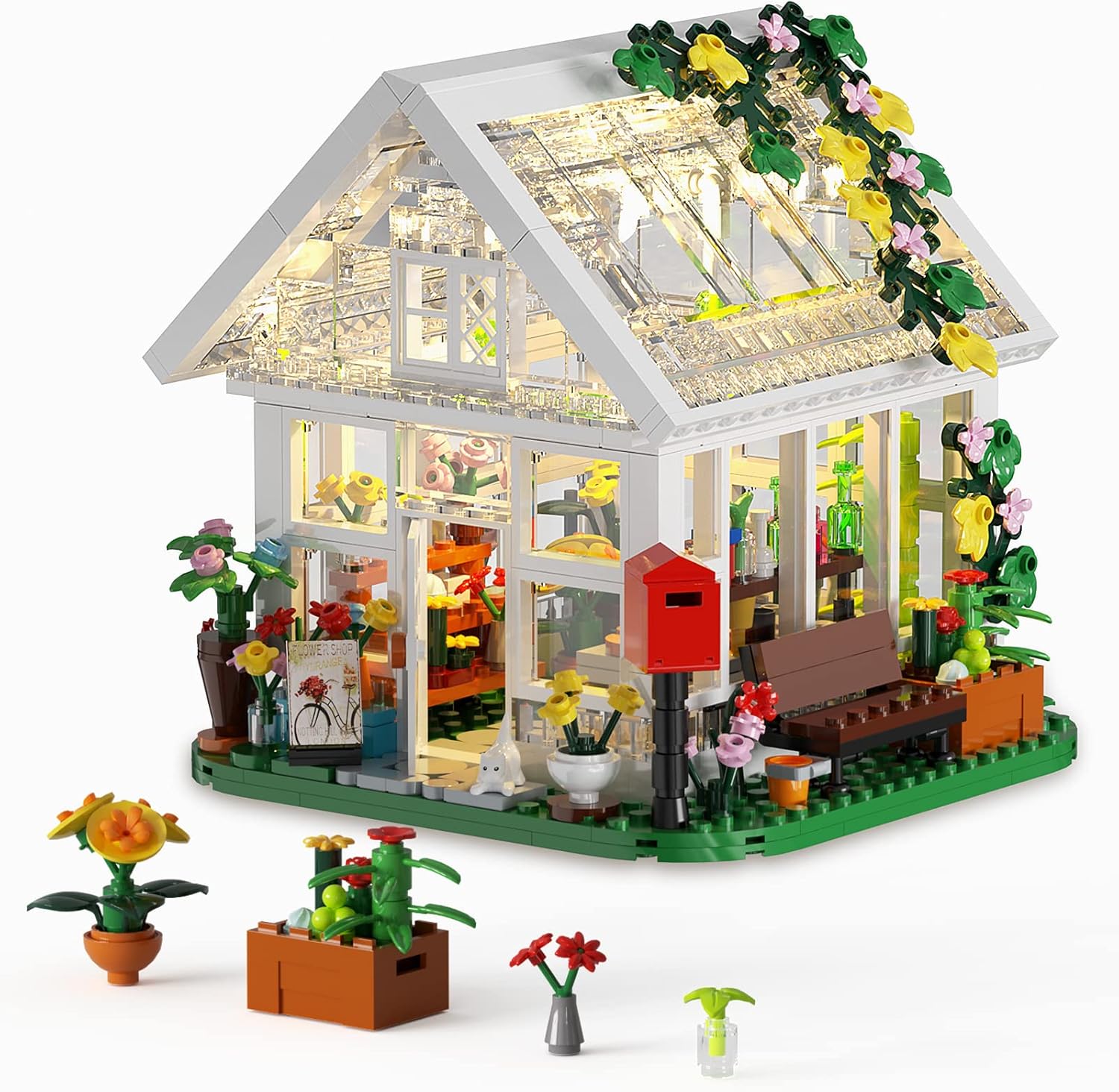 Juego de construcción de casa de flores, gran regalo para amigos o niñas, juguete de construcción de invernadero con luz LED, modelo de casa de