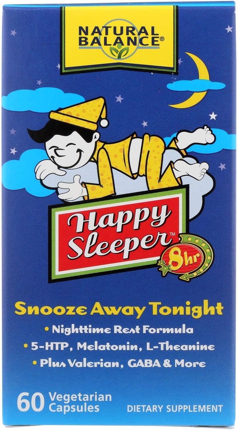 Natural Balance Happy Sleeper  Suplemento de hierbas  Cuenta con melatonina, raíz de valeriana, 5-HTP y GABA  60 cápsulas