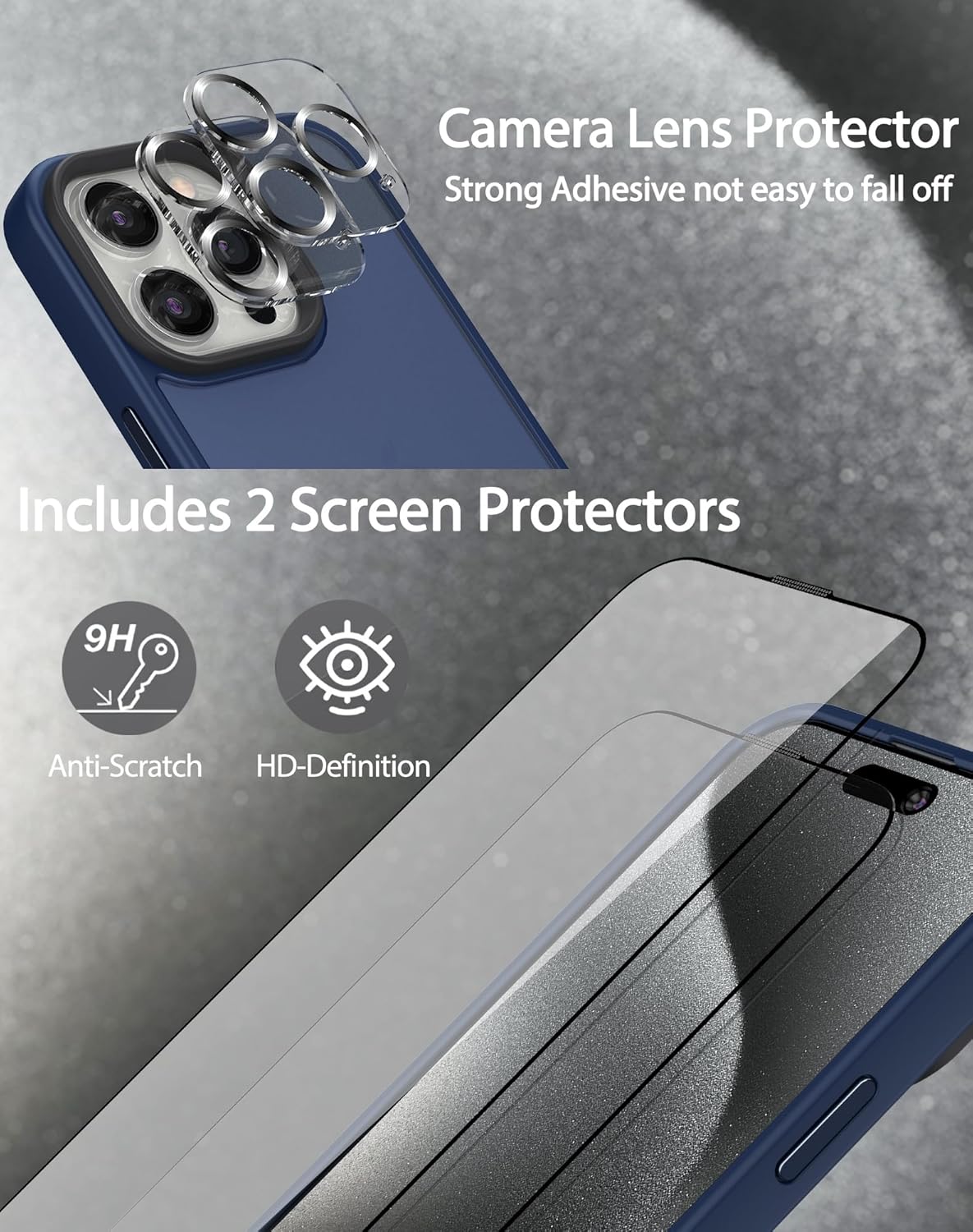 Foluu Funda delgada para iPhone 15 Pro Max 2023-2X protector de pantalla de vidrio templado y 2 protectores de lente de cámara, parte trasera de
