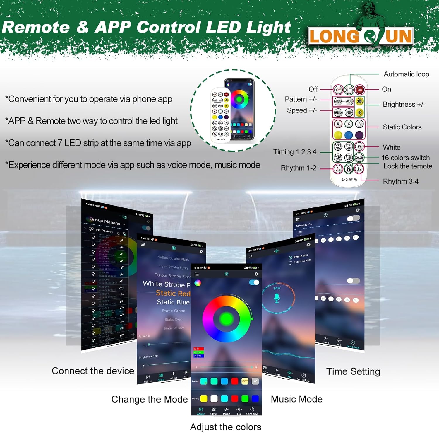 LONGRUN Fuente de piscina al aire libre con control de aplicación de cascada, luz LED multicolor para piscina al aire libre, derrame de agua