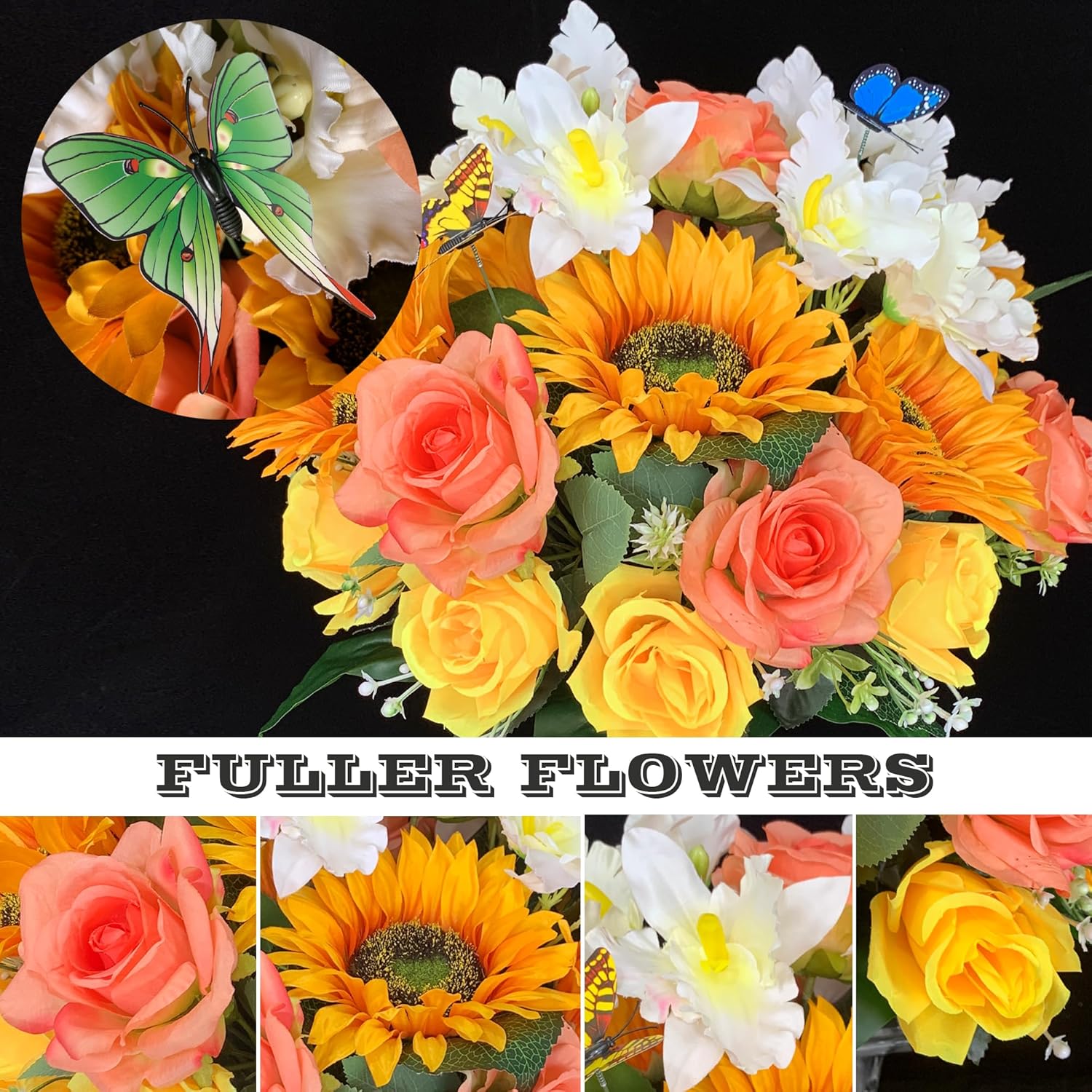 Flores de cementerio de seda para tumba con mariposa y jarrón, no se corren, rosa artificial y girasol y orquídea Cattleya, arreglo junto a la