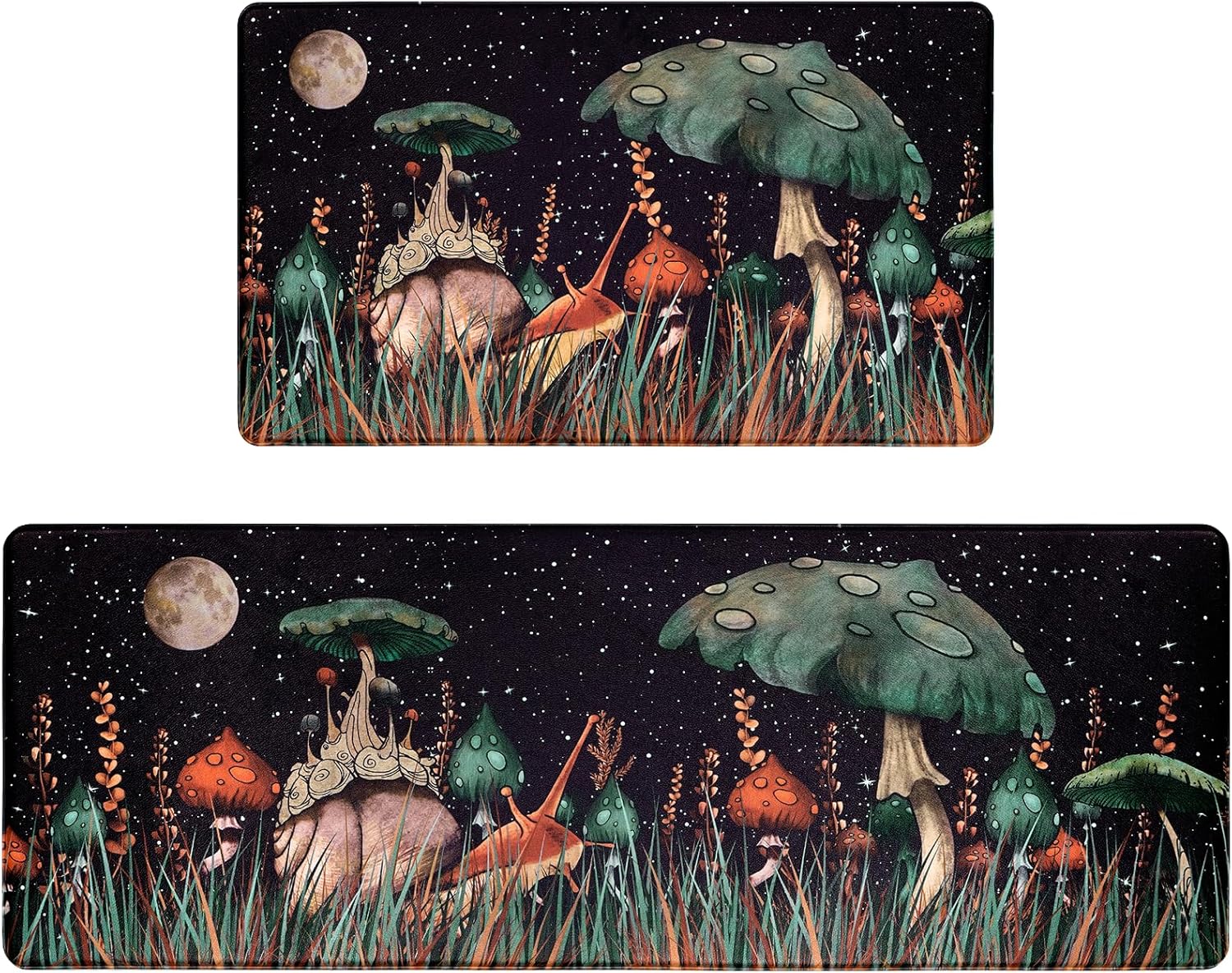 ASPMIZ Juego de 2 alfombras de cocina con diseño de hongos, acolchadas, antifatiga, color negro, antideslizantes, impermeables, para frente del