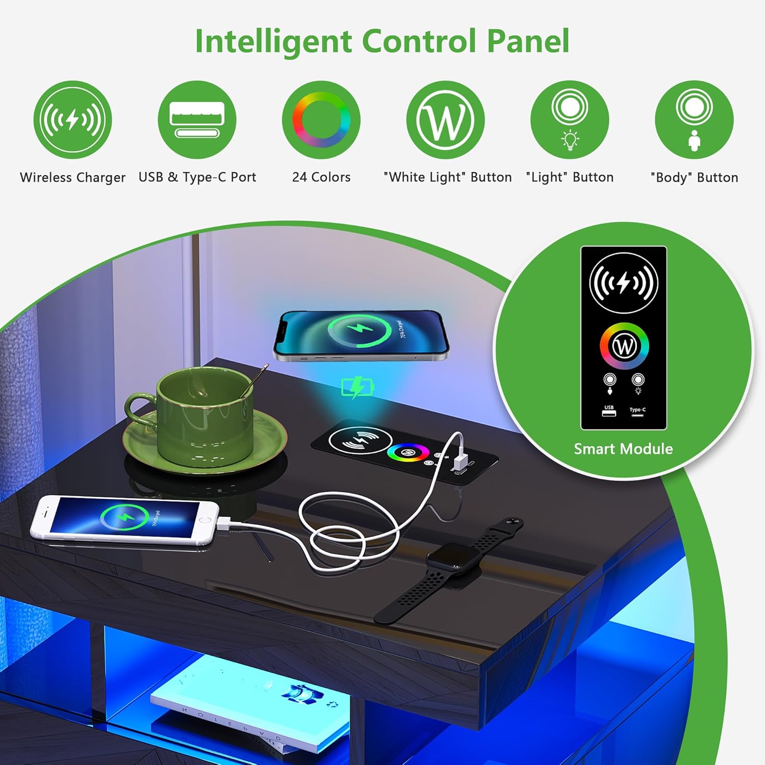 HNEBC Mesita de noche LED, RGB negro con estación de carga USBinalámbrica, moderna mesita de noche con sensor automático de luces RGB, mesa auxiliar
