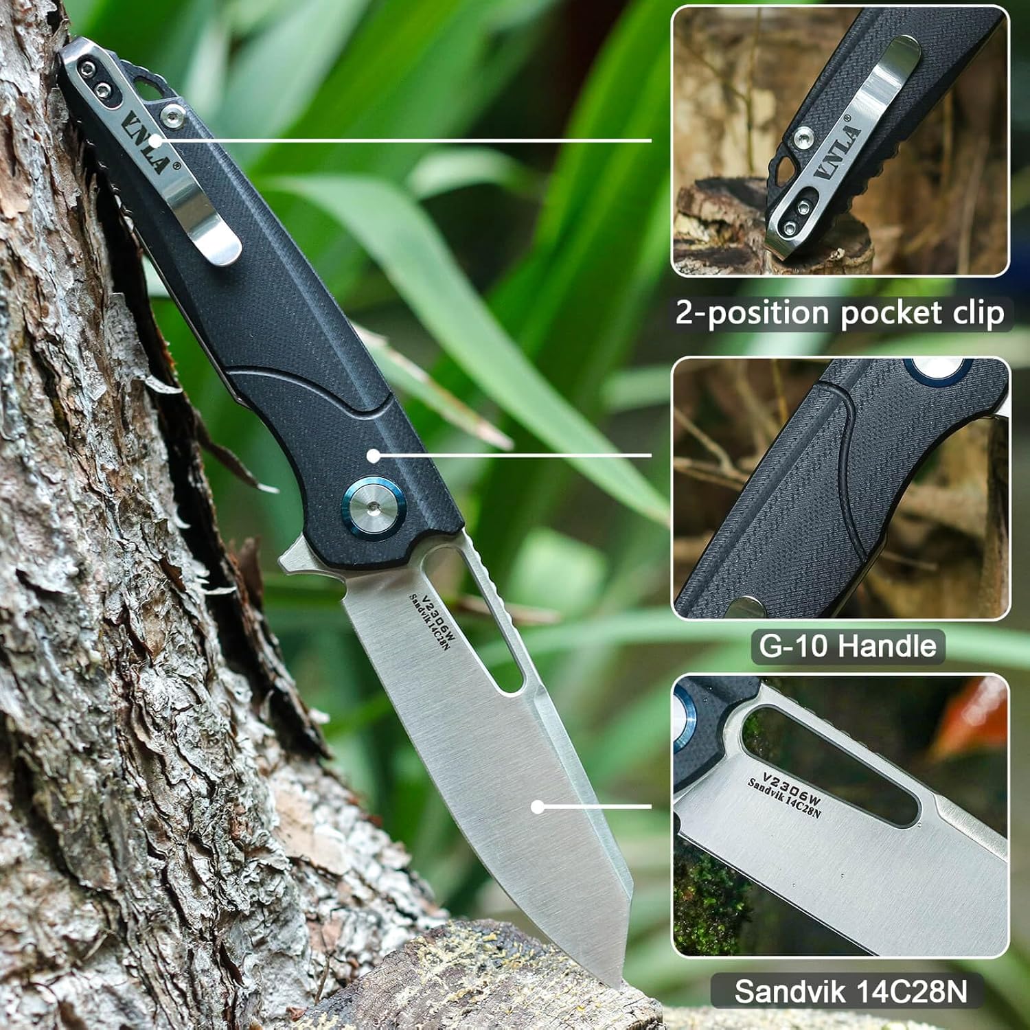 VNLA Navaja de bolsillo plegable con apertura de aleta, hoja Sandvik 14C28N, mango G10, con clip de bolsillo profundo, para hombres y mujeres,