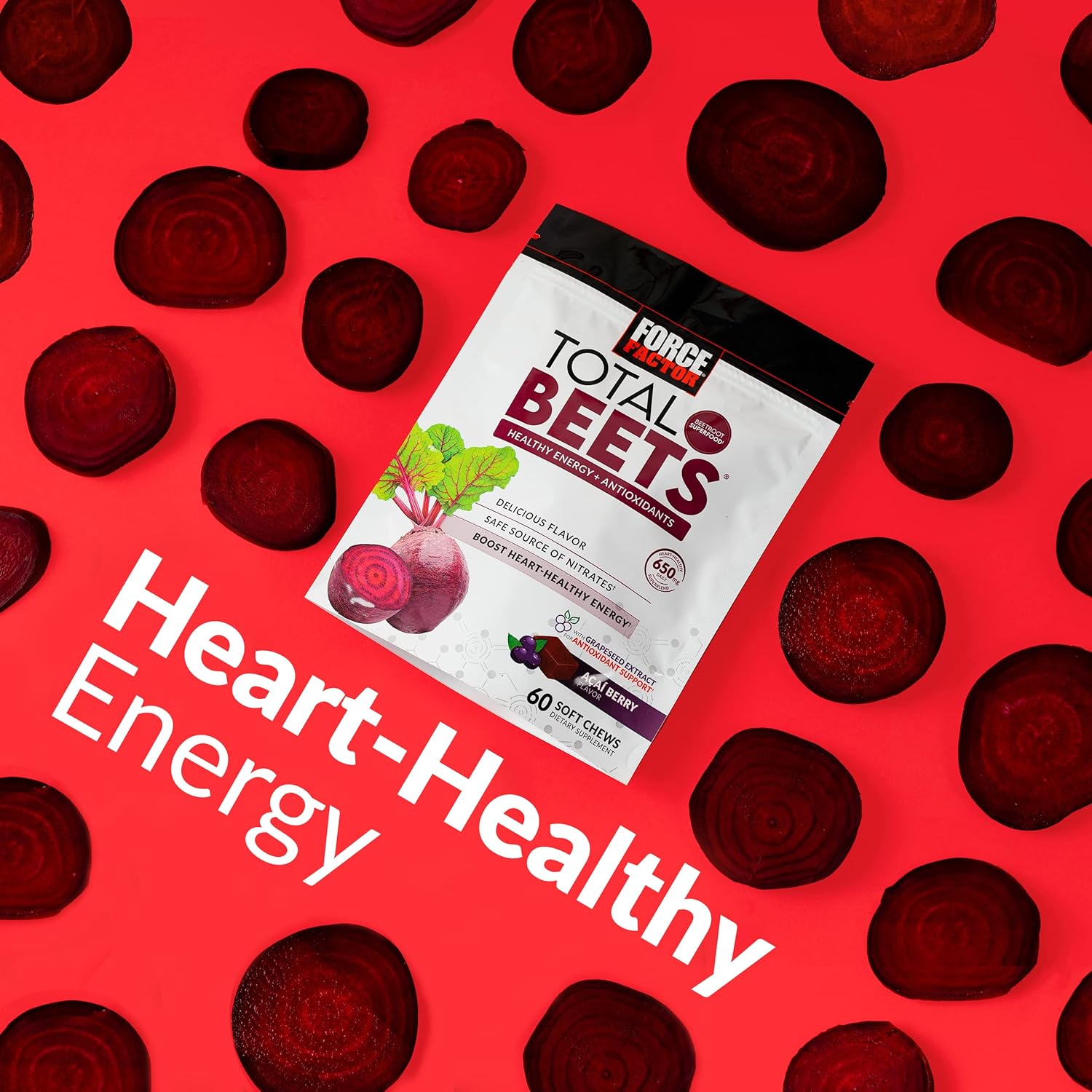 Force Factor Total Beets – Masticables suaves con remolacha, nitratos, L-citrulina, extracto de semilla de uva y antioxidantes, suplemento
