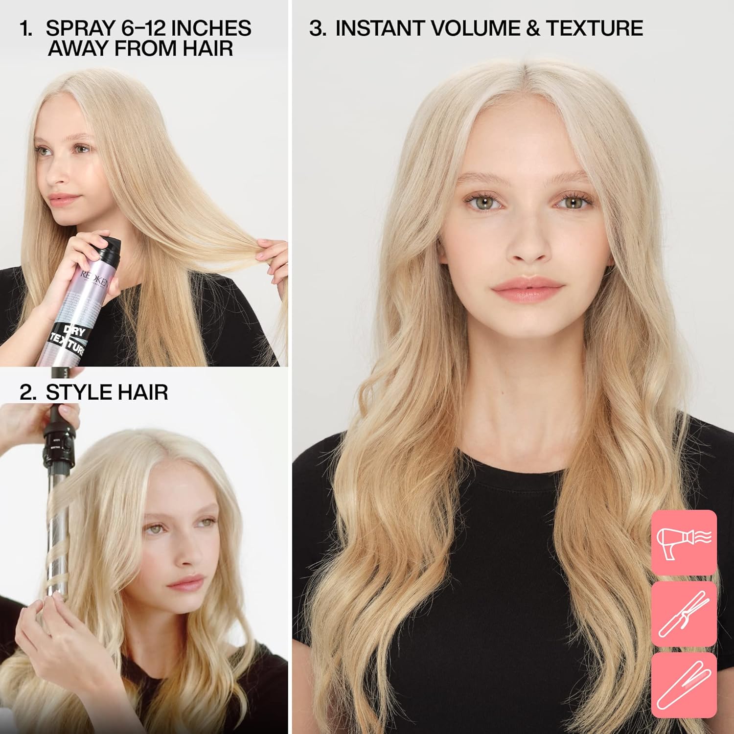 Redken Triple Dry 15 Dry Texture – Spray de acabado para todo tipo de cabello, añade cuerpo y brillo sin pegajosidad, sujeción media, 8.5 onzas