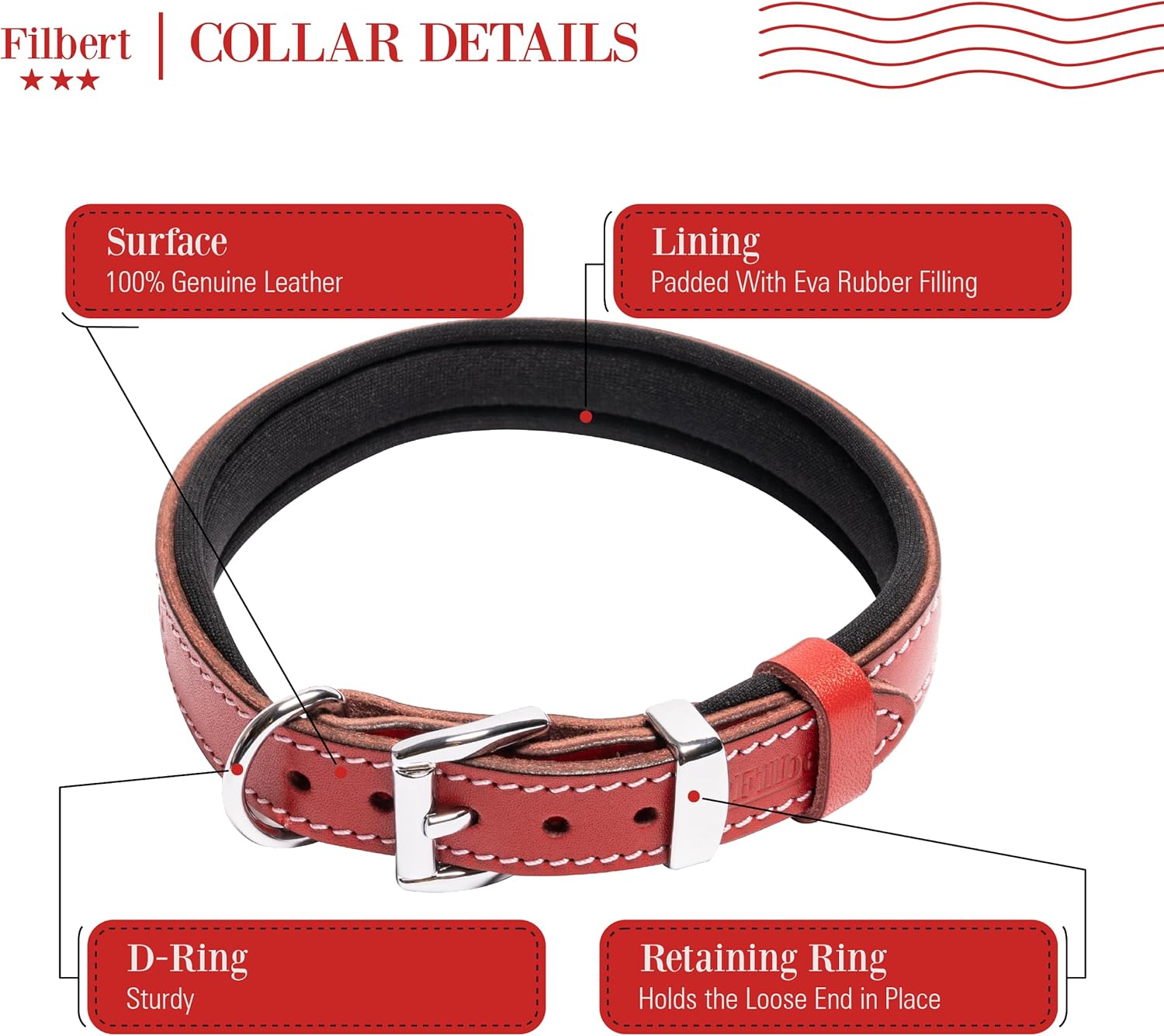 Filbert Collar de cuero plano para perro con hebilla para perros grandes, medianos y perros pequeños, collar de cuero genuino para perros, collar de